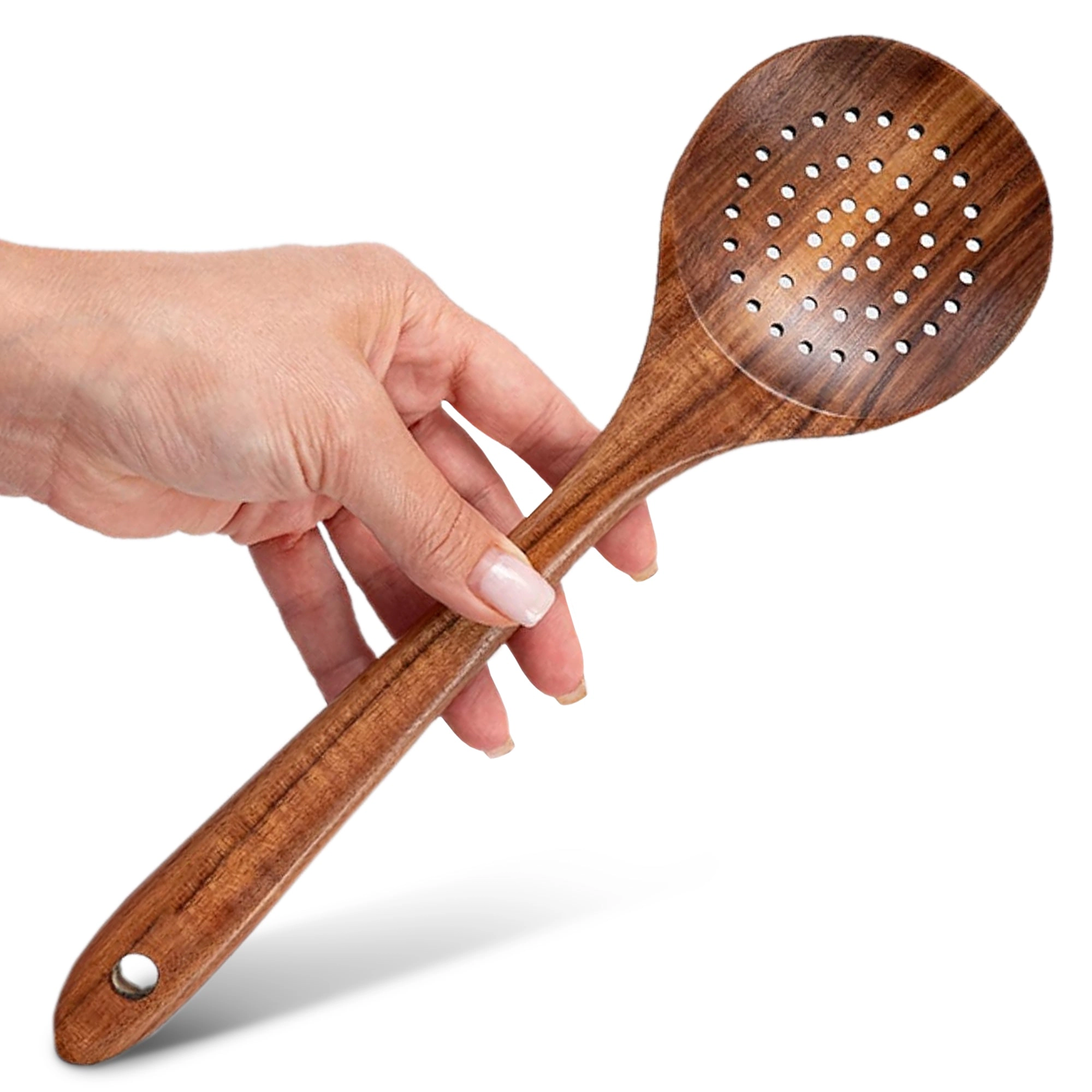 Cheer Collection Teak Wood Strainer Spoon for Pasta and Cooking with Drain Holes