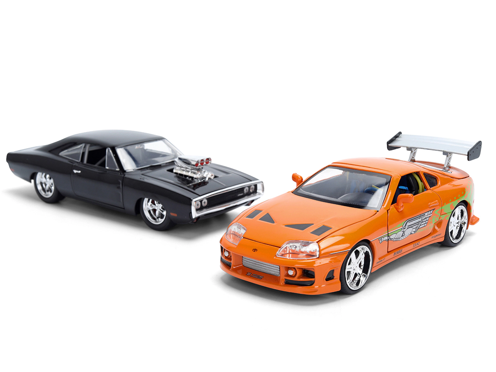 Jada Dom's 1970 Dodge Charger R/T Black and Brian's Toyota Supra Orange with Graphics Set of 2 Cars "Fast &