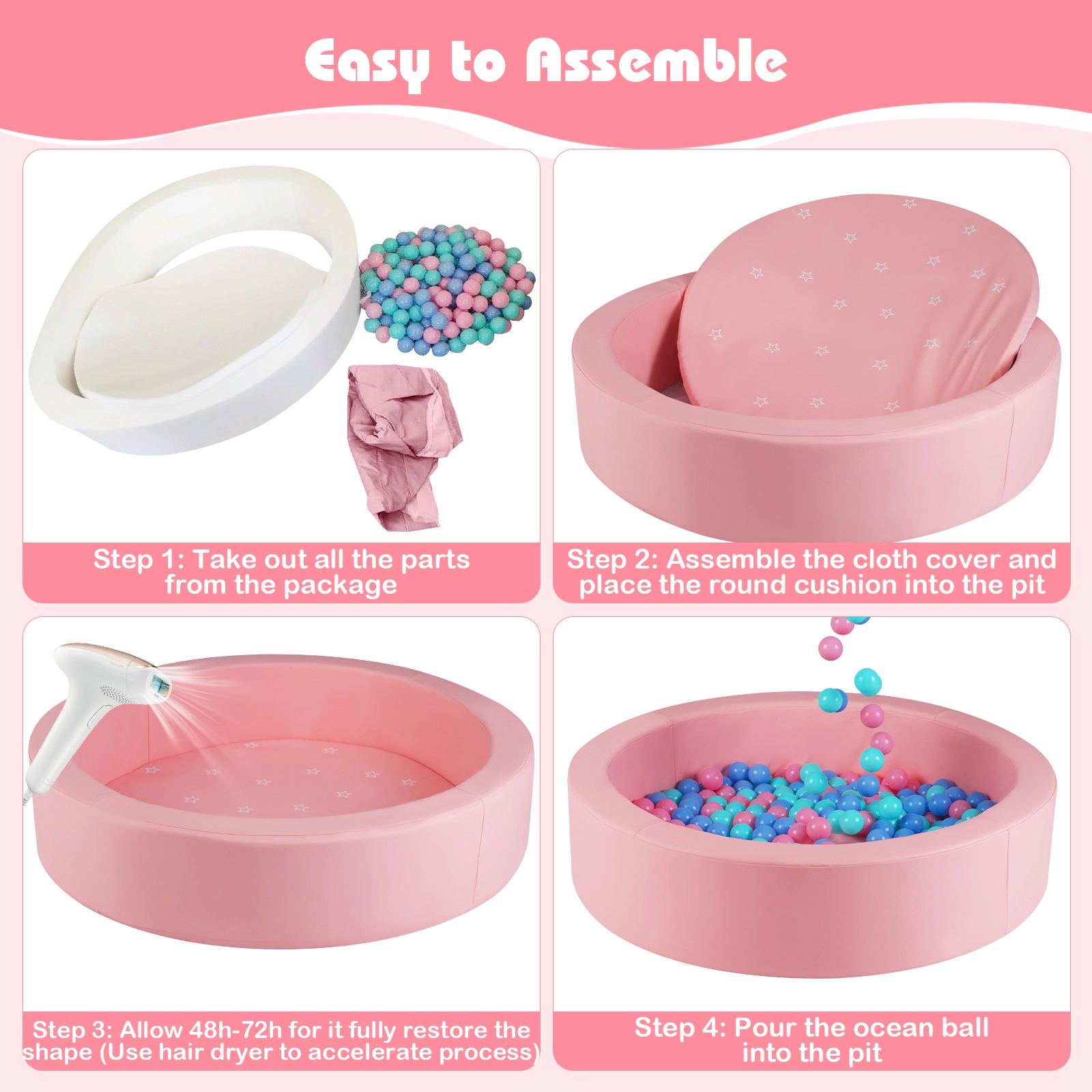 SUGIFT 25D Sponge Round Foam Climber Ball Pit Washable PU Cover 41.5-in Diameter Ages 3+ with 200 Spheres Pink & Gray