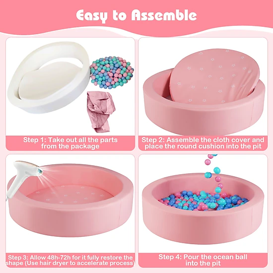 SUGIFT 25D Sponge Round Foam Climber Ball Pit Washable PU Cover 41.5-in Diameter Ages 3+ with 200 Spheres Pink & Gray