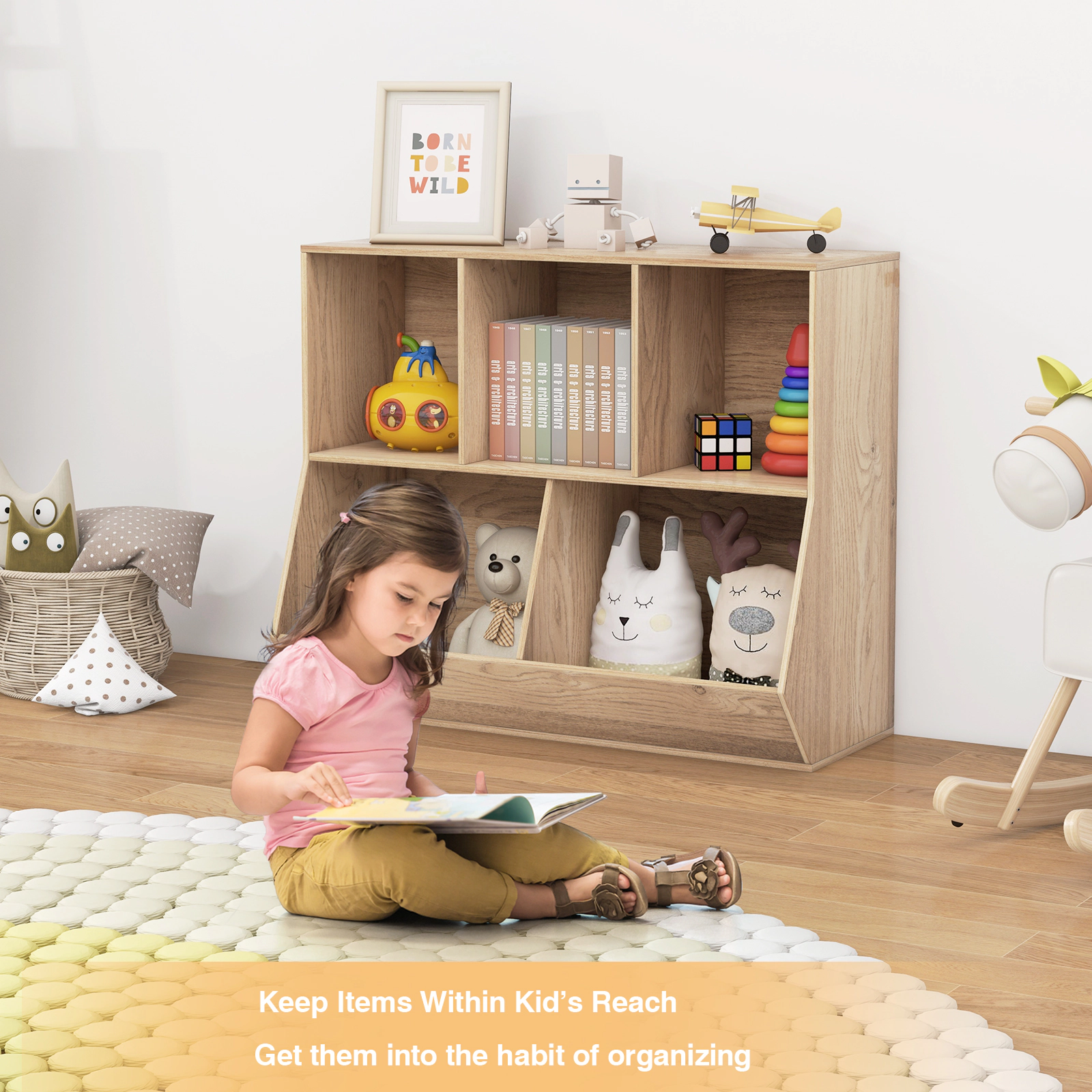 SUGIFT 5-Cube Kids Toy Storage Organizer with Anti-Tipping Kits 110-lb Top Capacity 22-lb Cube Capacity Natural/White