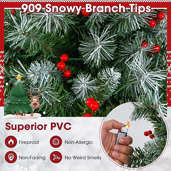 SUGIFT 6.5-ft Pre-Lit Artificial Christmas Tree with 69 Pine Cones 207 Red Berries and 420 Warm White LEDs