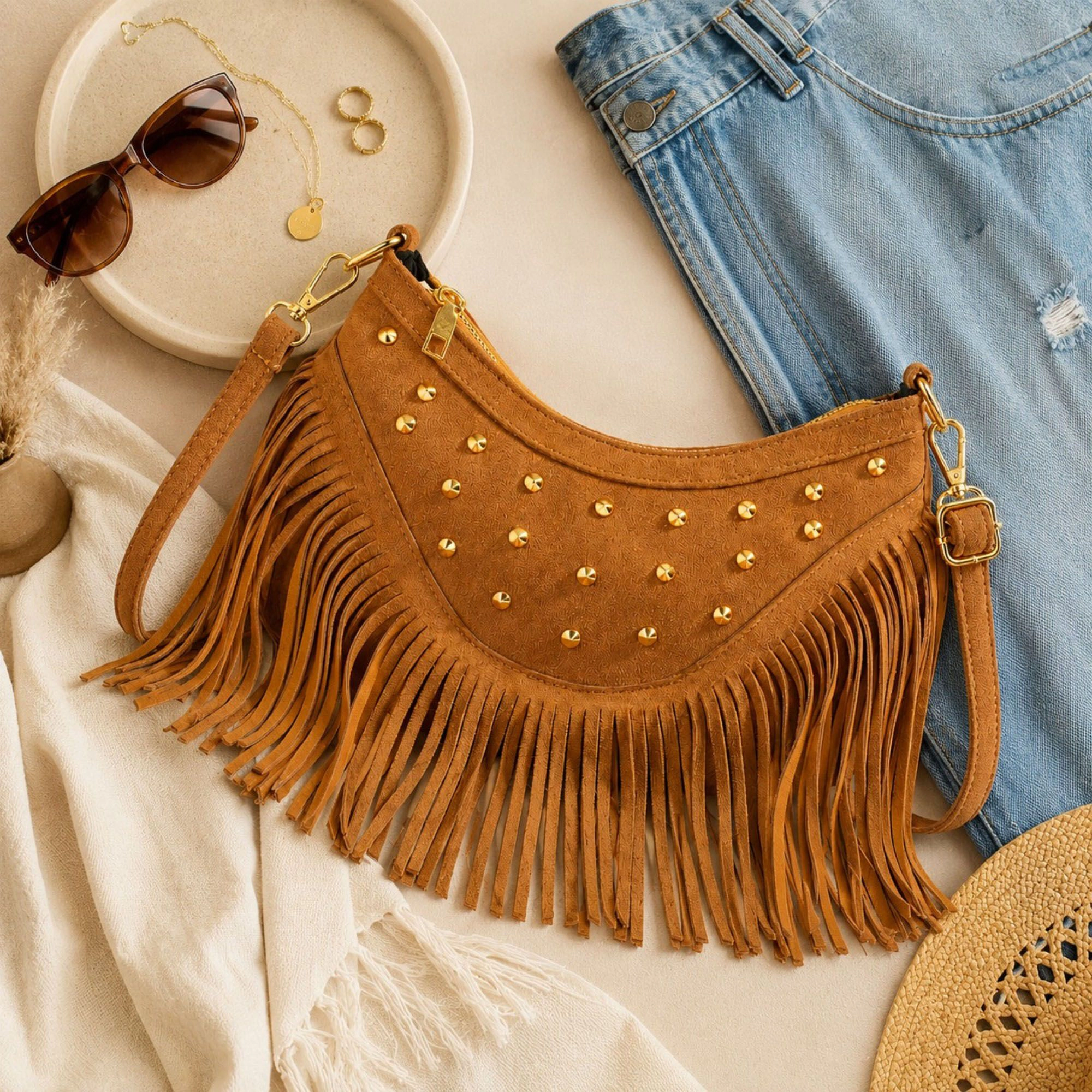 Alilang Women's Studded Fringe Crossbody Bag Suede Look Crescent Shoulder Purse with Adjustable Strap