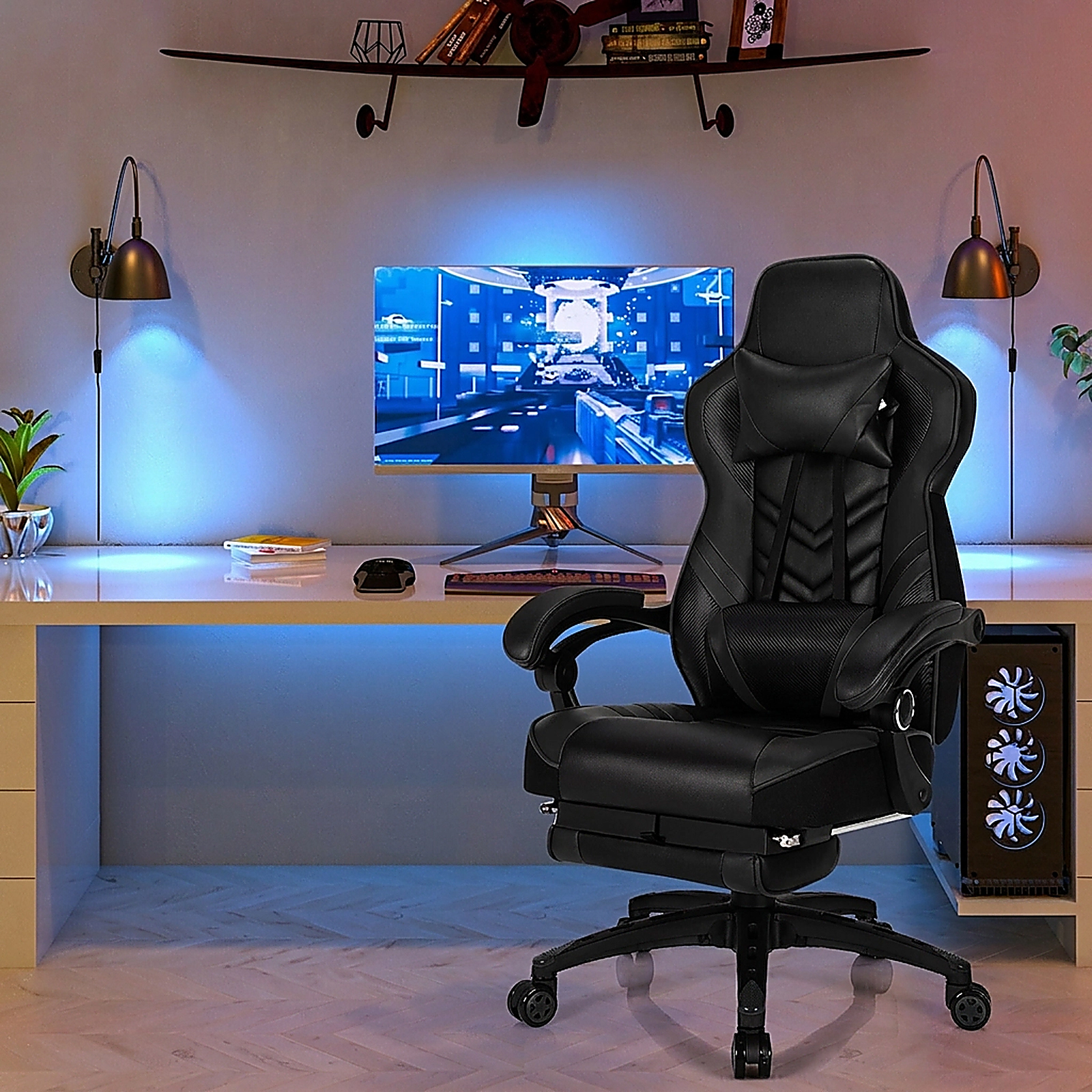 SUGIFT Black Ergonomic Reclining Gaming Chair with Retractable Footrest