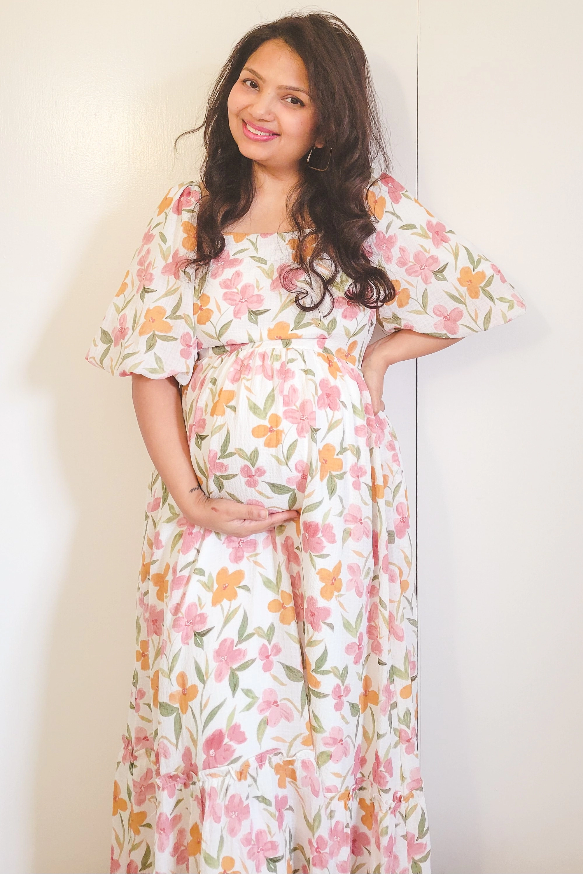 PinkBlush Womens White Floral Puff Sleeve Maternity Maxi Dress