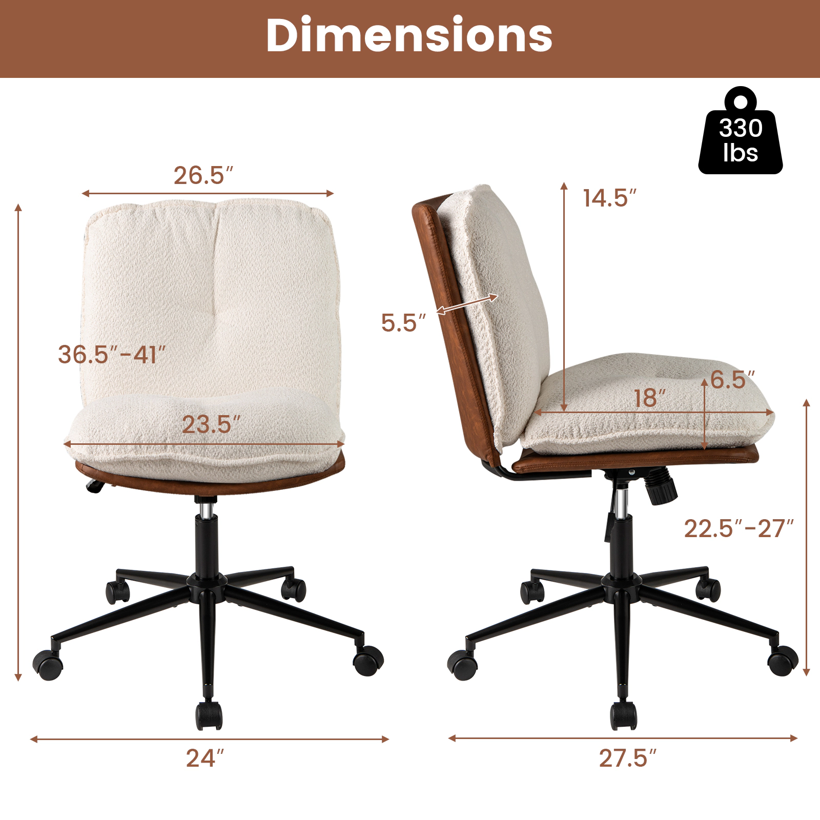 SUGIFT 330-lb Capacity Brown and White Boucle PU Leather Armless Rocking Swivel Desk Chair with Gas Lift