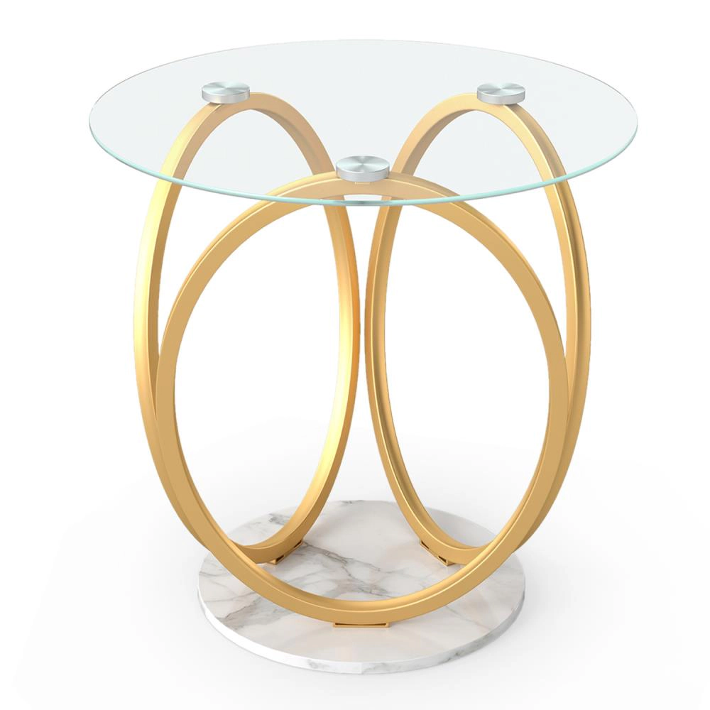 Hivvago Round End Table Faux Marble Side Table With Tempered Glass Tabletop