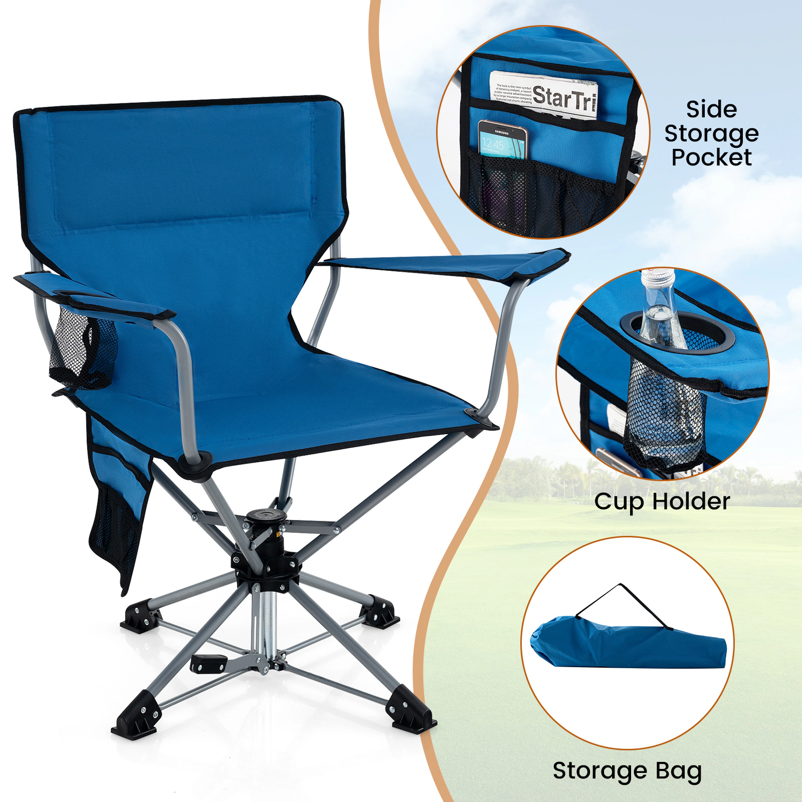 SUGIFT Blue 360-Degree Swivel Hunting Chair with Mesh Cup Holder 32-in W 21-in D 35-in H 300-lb Seat Capacity