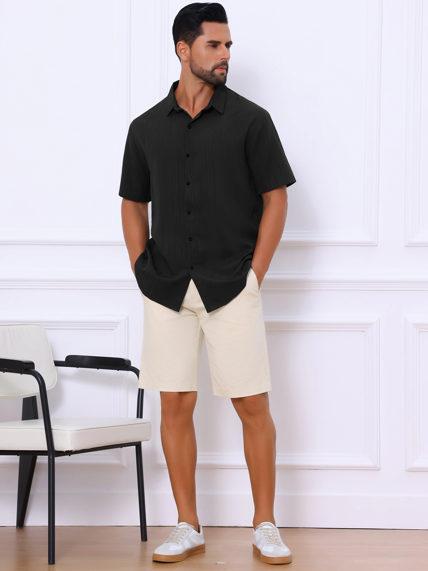 INSPIRE CHIC Men's Point Collar Short Sleeve Button Down Summer Linen Shirt