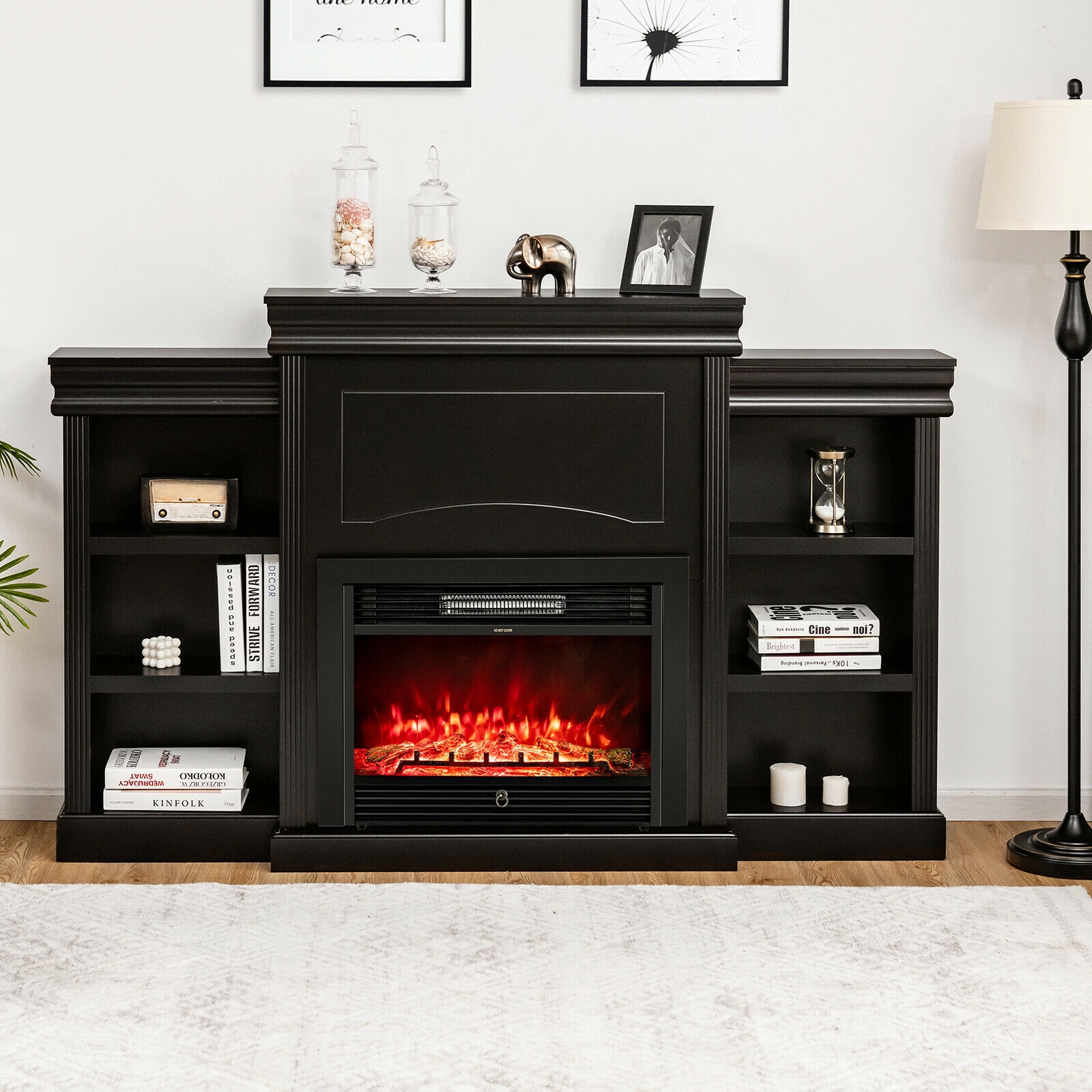 SUGIFT 70-in Modern Fireplace Media TV Stand with Bookcase 44-lb Tabletop Capacity Black