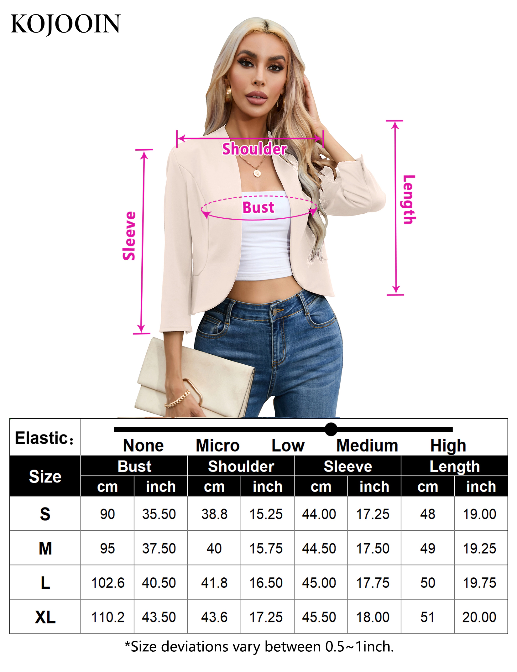 KOJOOIN Women's Cropped Blazer 3/4 Sleeve Open Front Short Office Business Casual Work Suit Jacket