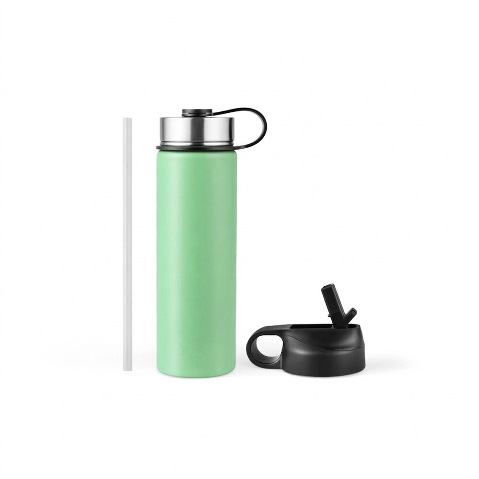 SUGIFT 22-oz Double-Walled Insulated Stainless Steel Water Bottle 2 Lids Straw 12-Hour Hot 24-Hour Cold Green