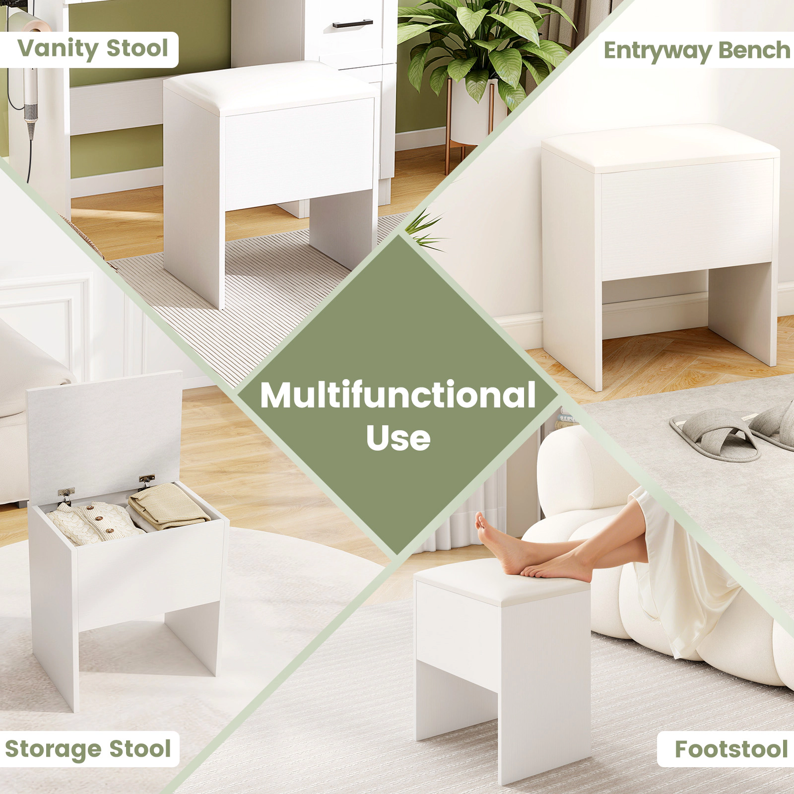 Glintex Flip-Top Vanity Stool with Hidden Storage Cube and Non-Slip Pads, White