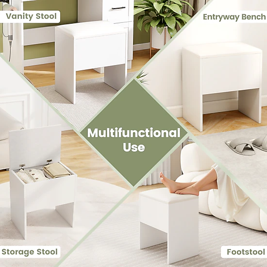 Glintex Flip-Top Vanity Stool with Hidden Storage Cube and Non-Slip Pads, White