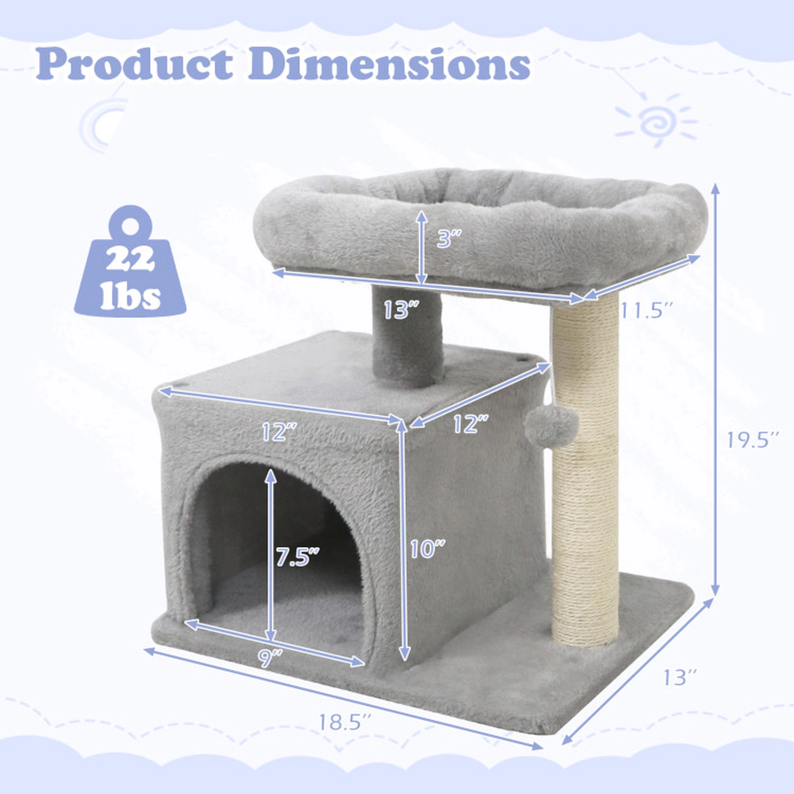 SUGIFT Light Gray Small Cat Tree with Large Padded Plush Perch and Bottom Condo