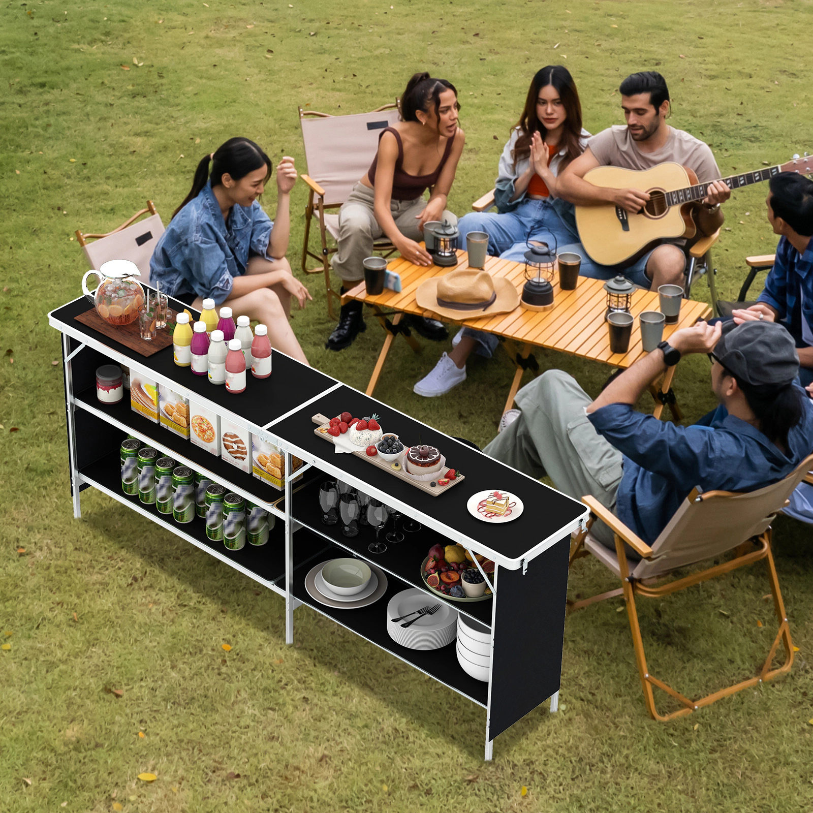 LJG Aluminum Portable Picnic Table with 2-Tier Open Shelves and Spacious Tabletop