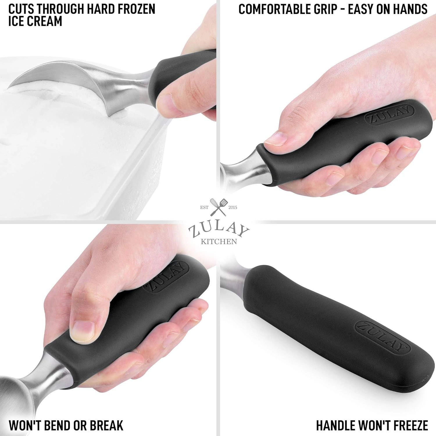 Zulay Kitchen Heavy Duty Ice Cream Scoop - Stainless Steel Scooper with Non-Slip Rubber Grip