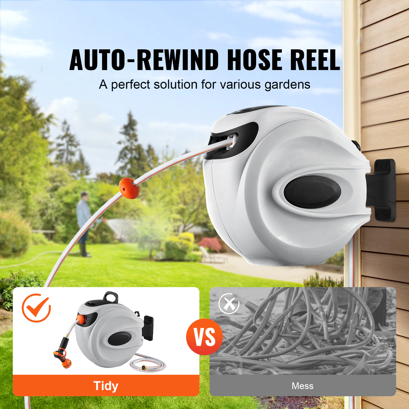 HONGGE Retractable Garden Hose Reel, 5/8 in x 65 ft, Wall-Mounted, Auto Rewind, 9-Pattern Nozzle, 180 Swivel Bracket