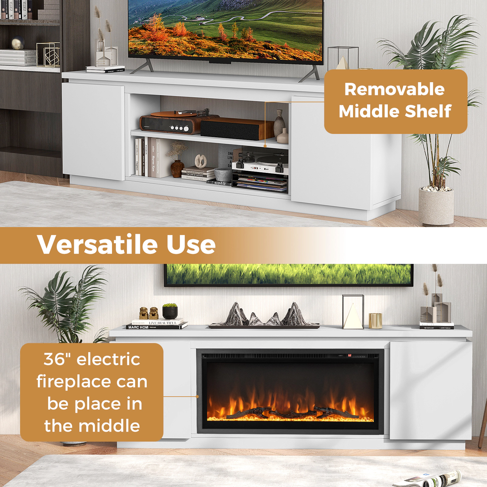 Glintex 70-Inch TV Cabinet with 3 Adjustable Shelves and Soft-Close Doors, White