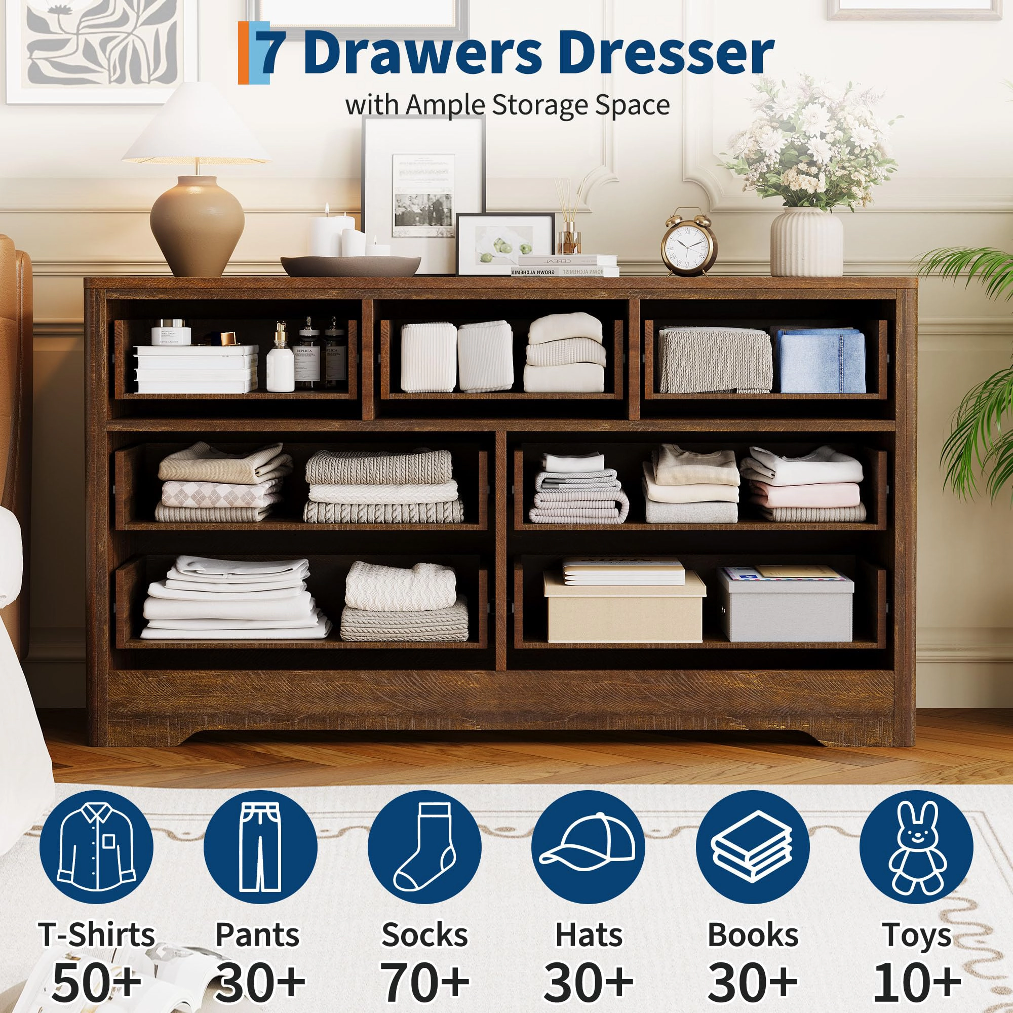 54" Wide 7 Drawer Wood Dresser with Decorative Fronts & Crystal Knobs, Storage TV Stand Organizer