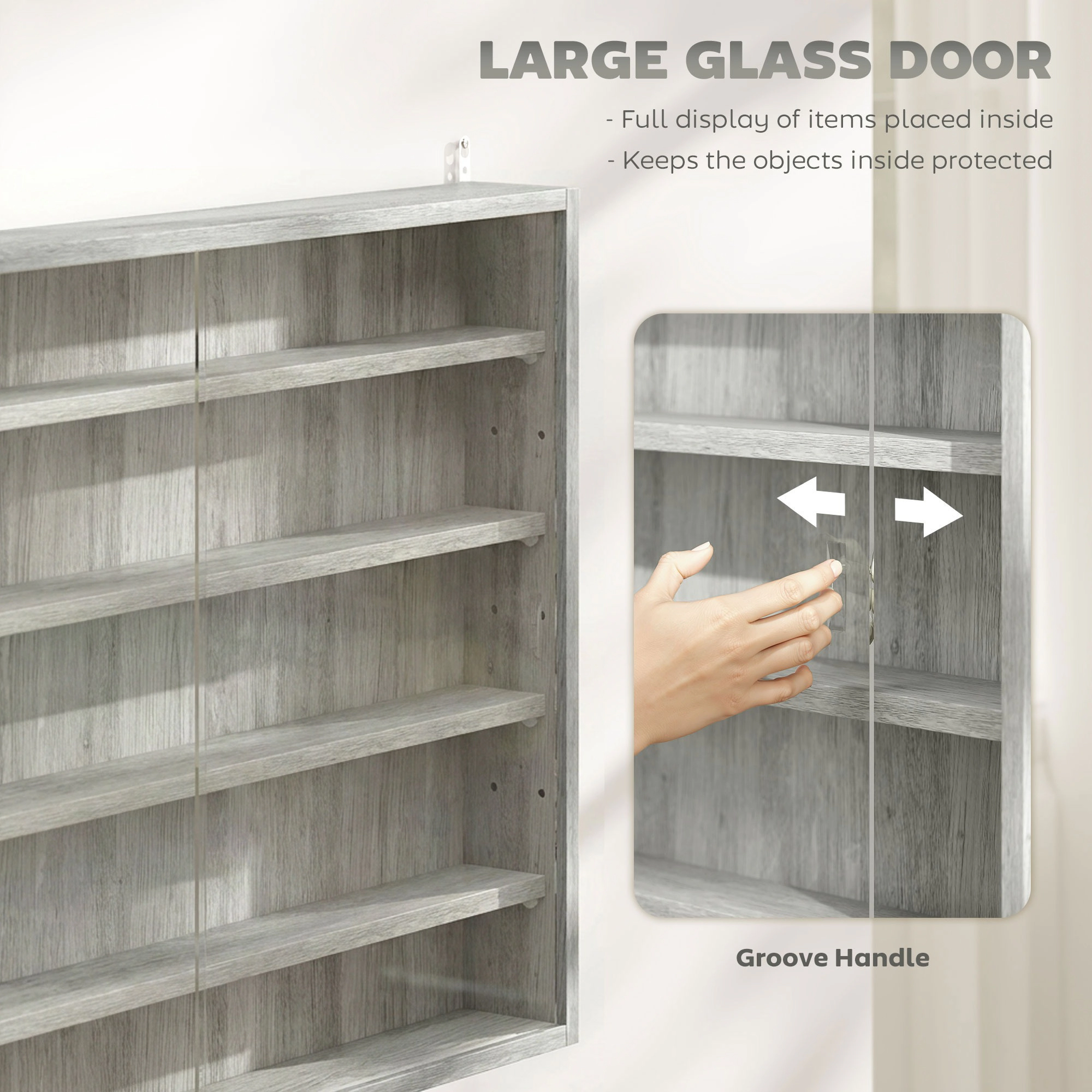HONGGE 5-Tier Display Cabinet Wall-Mounted Case with 2 Glass Doors and Adjustable Shelves