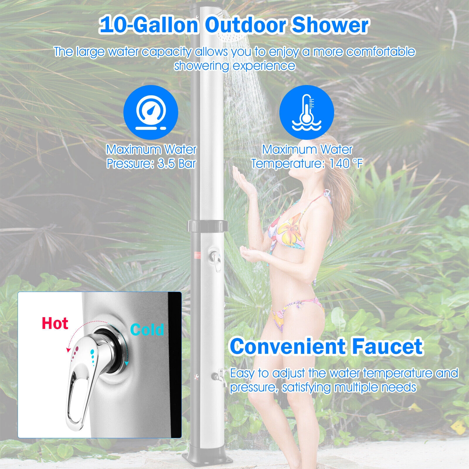 SUGIFT Solar Heated Outdoor Shower Column 10-Gallon Tank 360° Rotating Head Foot Tap 7.2-ft Tall Silver/Black