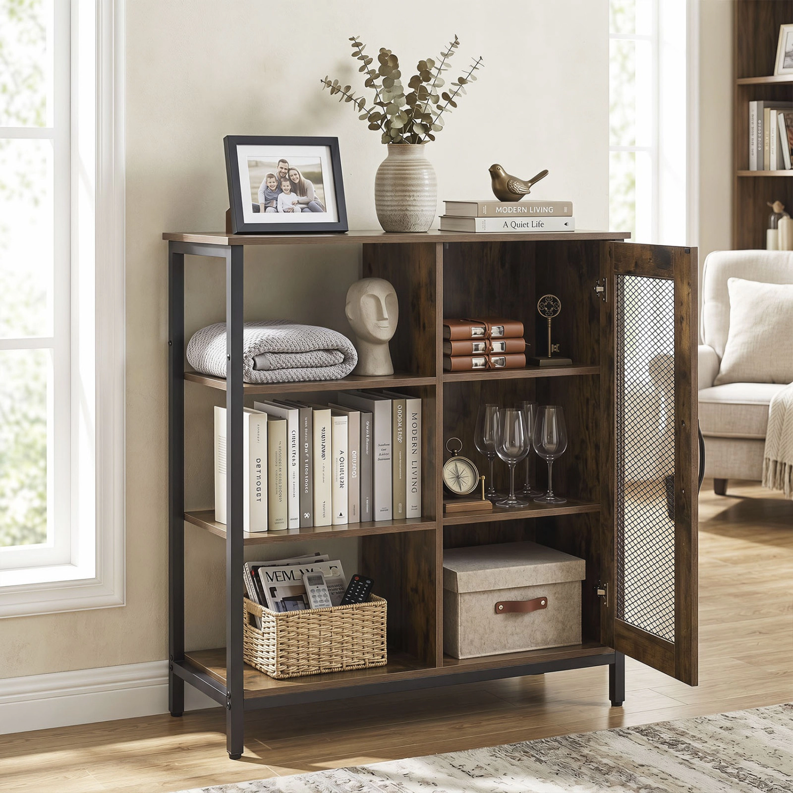 SUGIFT Industrial Side Cabinet Rustic Brown with Metal Mesh Doors and 3 Open Shelves