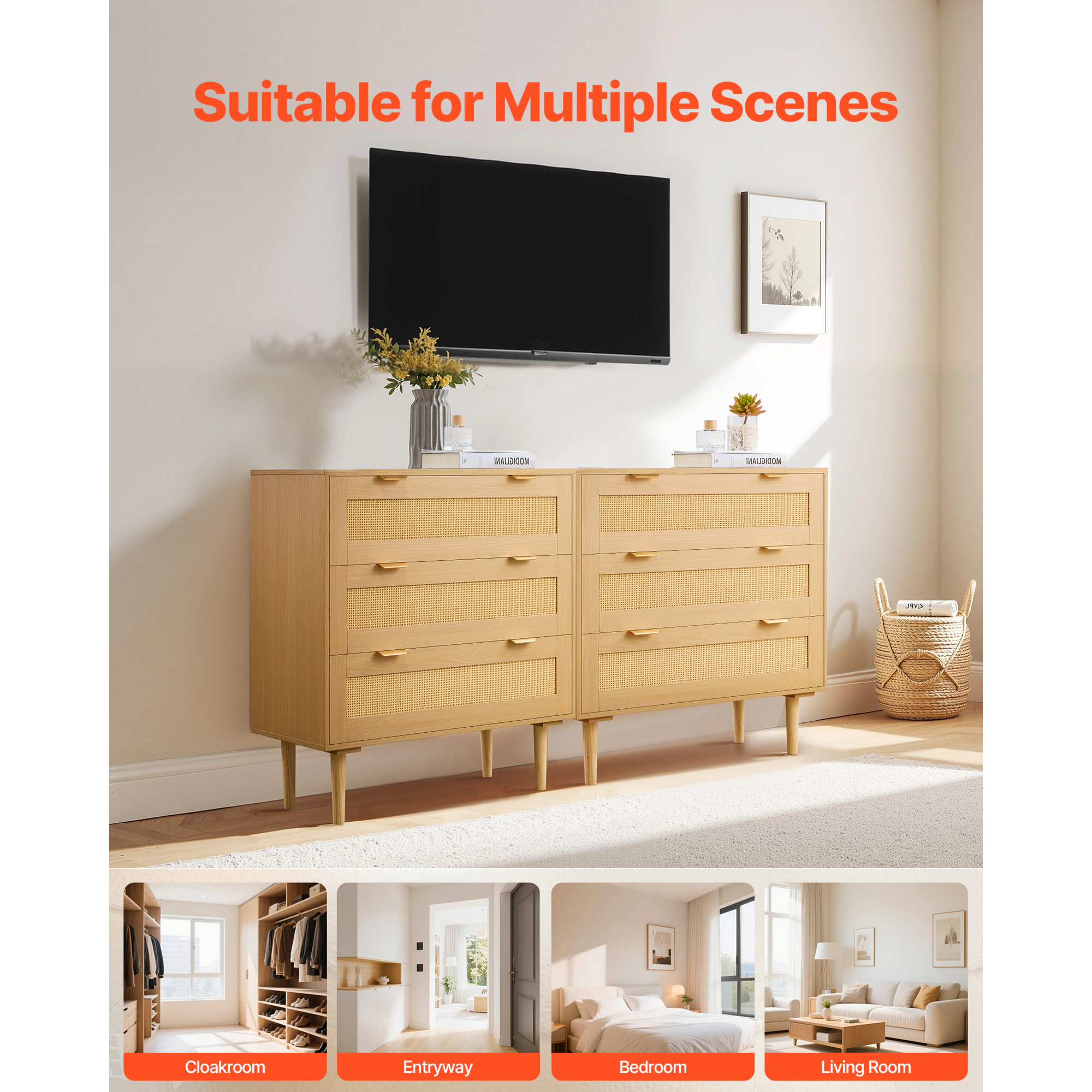 HONGGE Rattan Dresser Modern Closet Dresser for Bedroom Natural Rattan Chest of Drawers with Metal Handles & Wooden