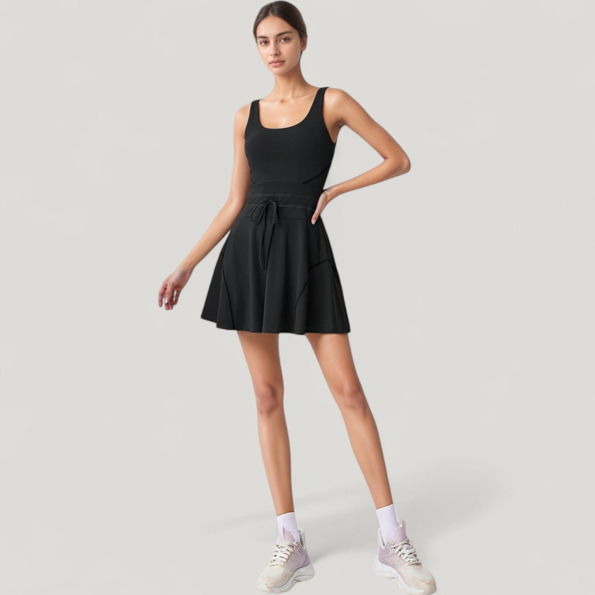 Anna-Kaci Women's Sleeveless Tennis Dress with Scoop Neckline and Waist Tie Detail