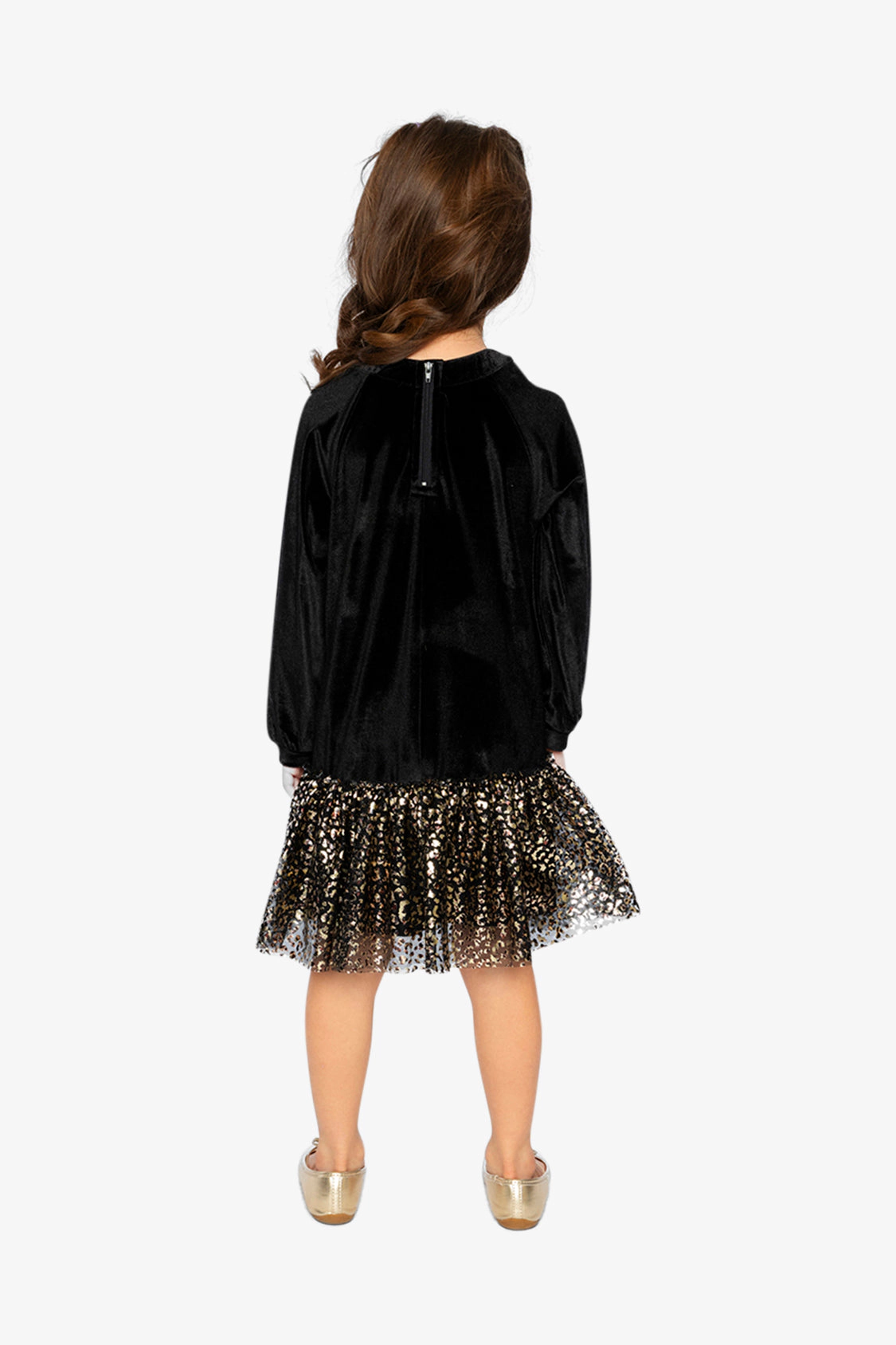 Deux par Deux Girls Bi-Material Raglan Long Sleeve Metallic Leopard Print Dress
