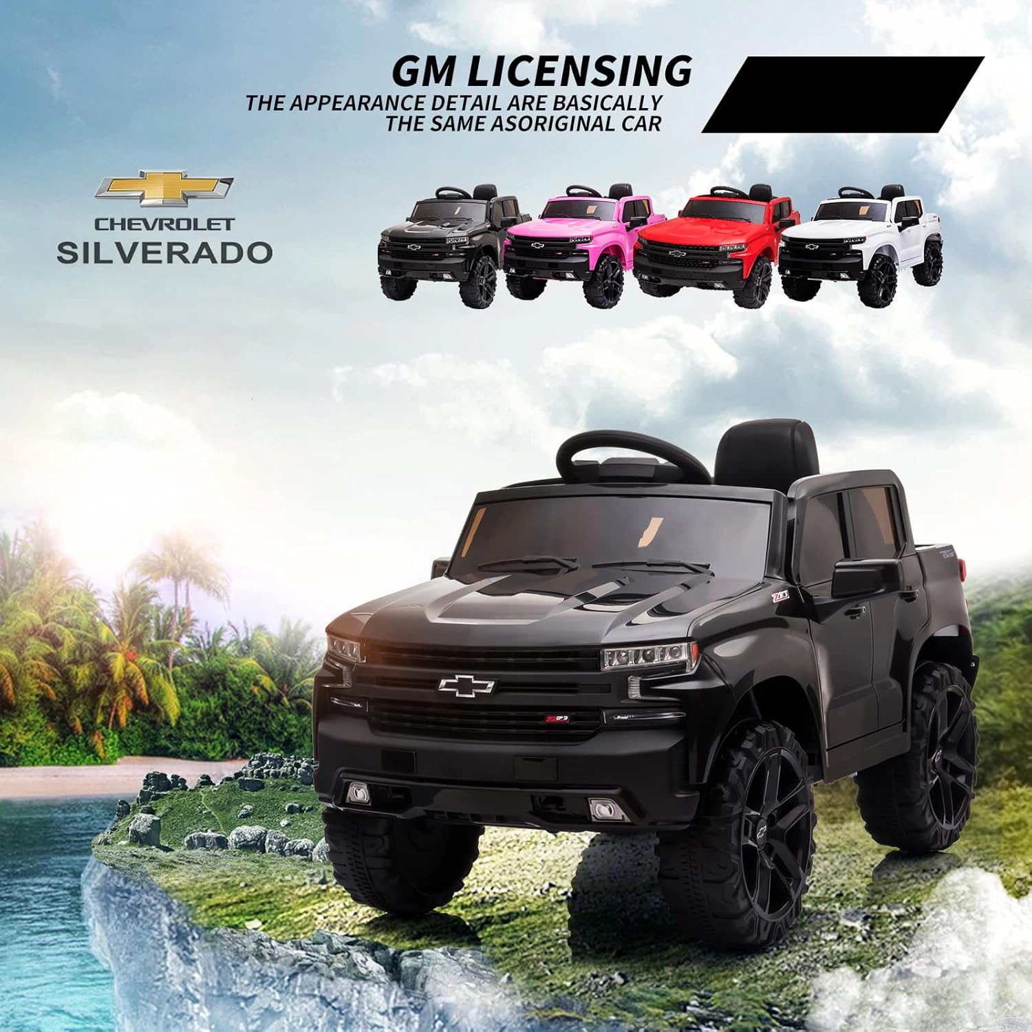 12V Kids Ride On Truck, Licensed by Chevrolet Silverado Electric Car w/Remote, MP3/Bluetooth, LED Lights, Suspension