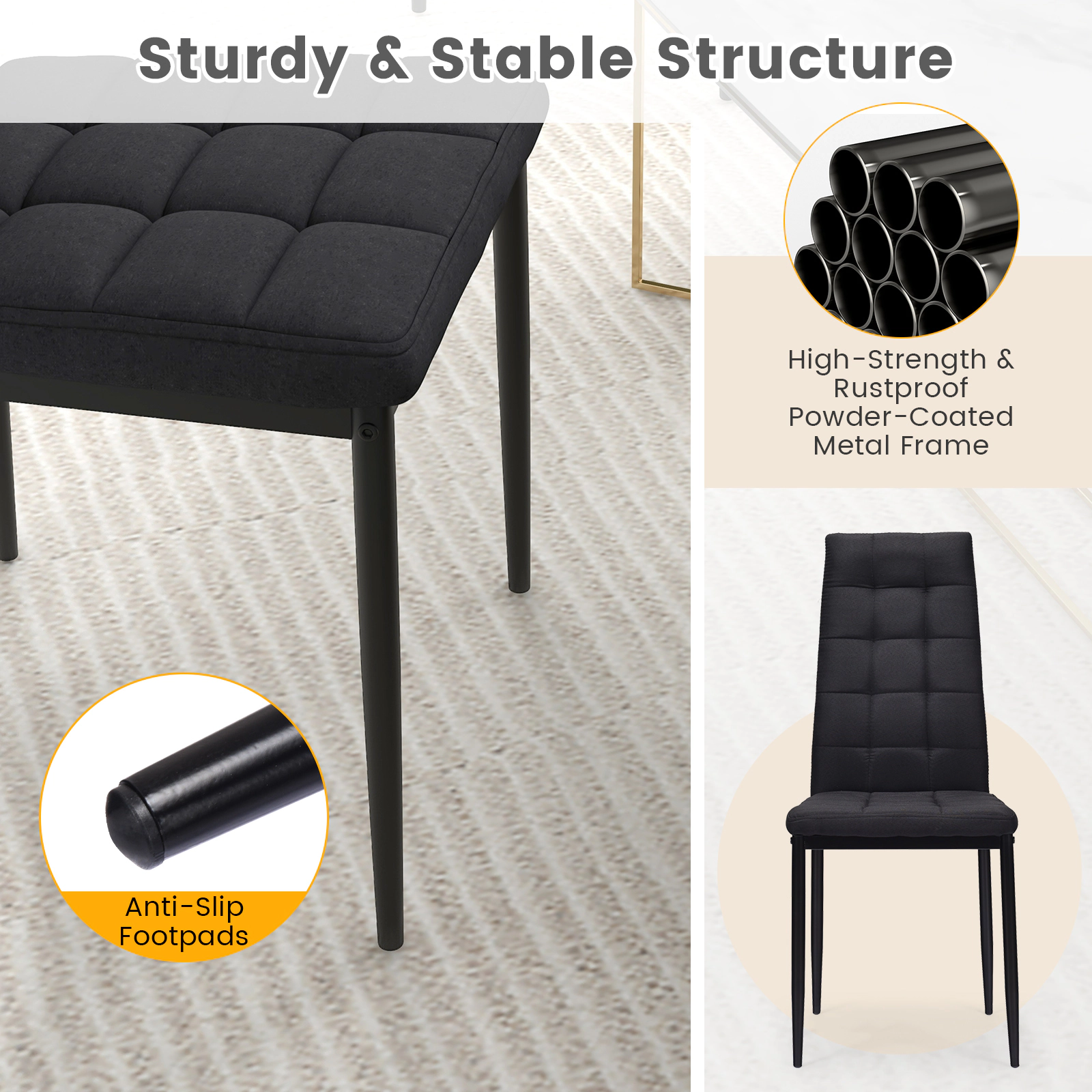 SUGIFT Black Fabric High Back Upholstered Cushion Metal Legs Set of 4 Dining Chairs