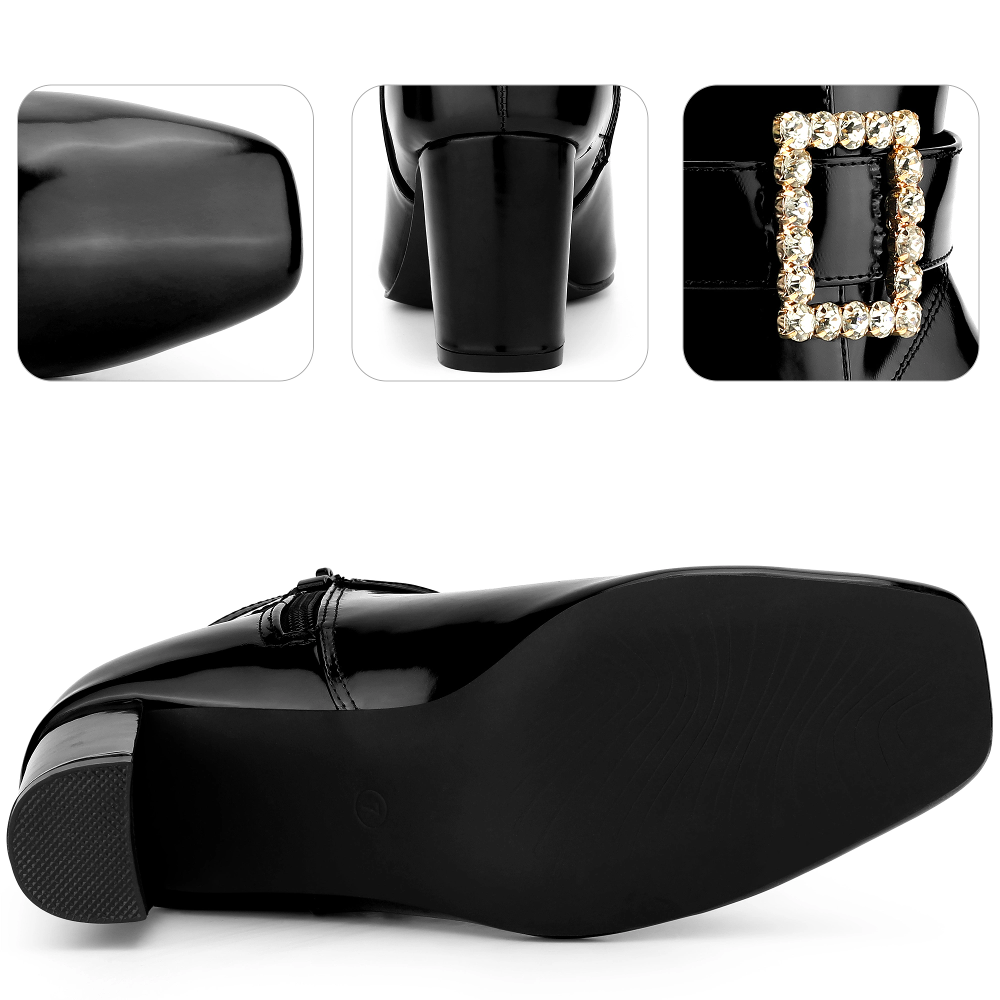 BLISSFUL STEP Women's Rhinestone Buckle Square Toe Chunky Heel Ankle Boots