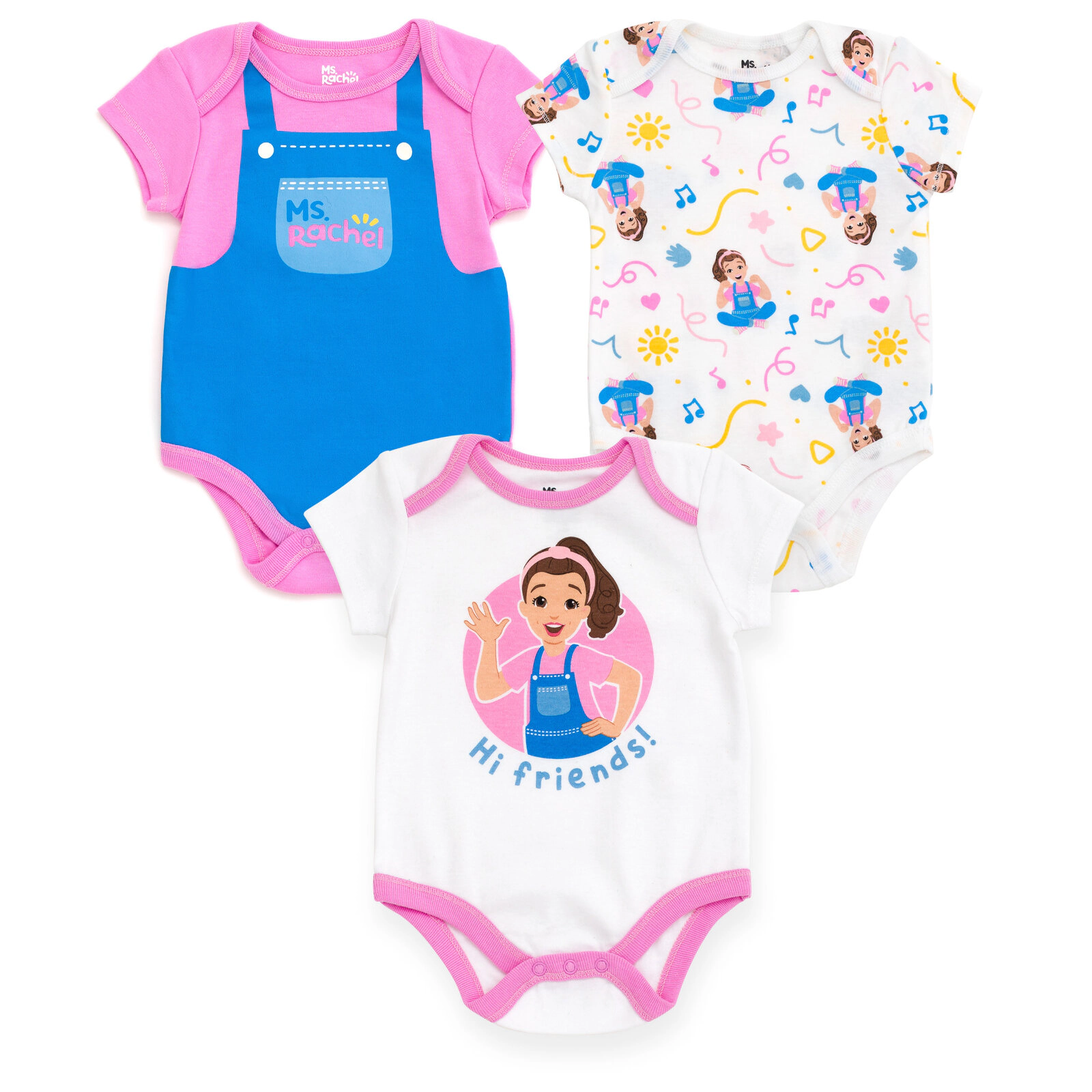 Ms. Rachel Baby Girls' 3-Pack Short Sleeve One Piece Bodysuits