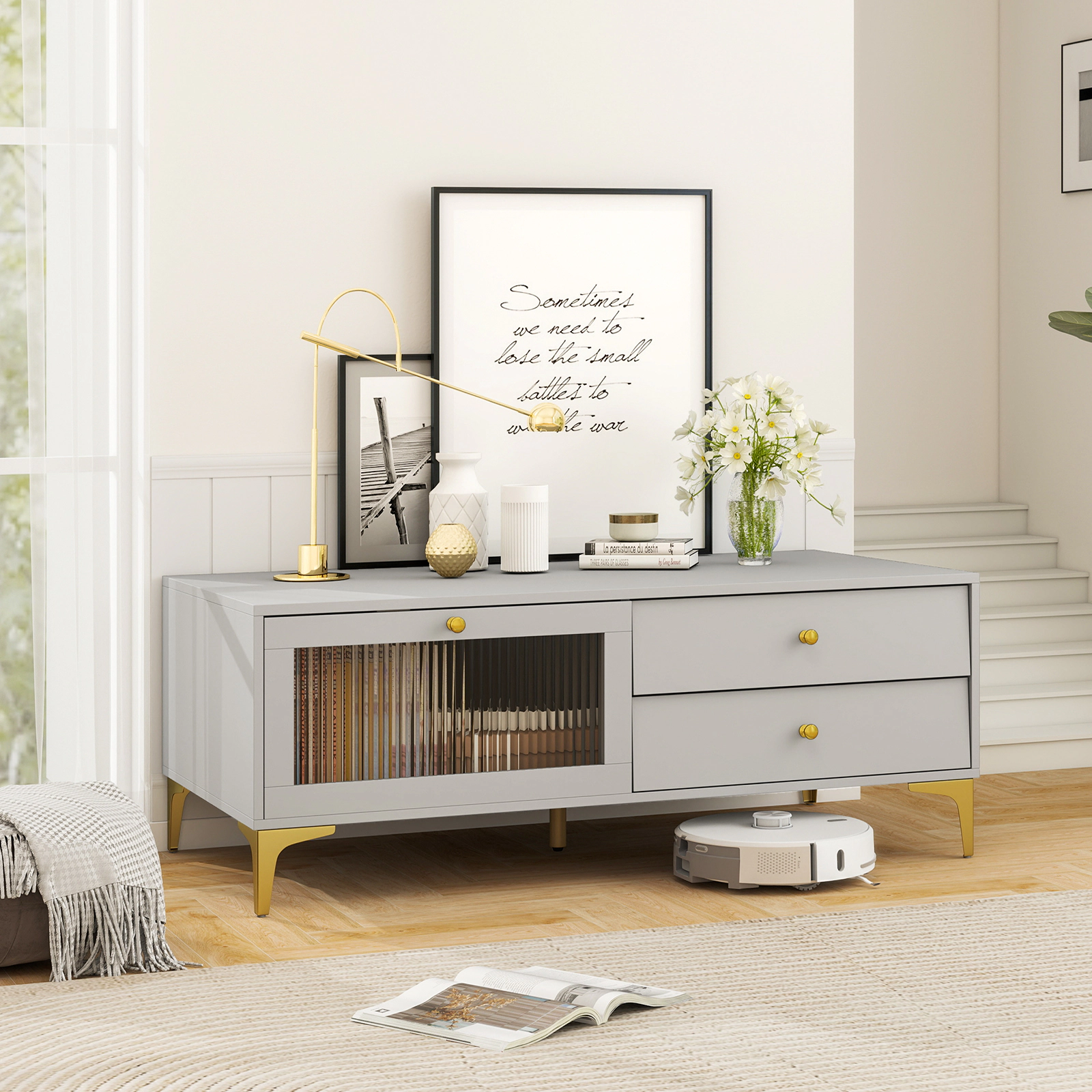 Glintex 47.5-Inch TV Stand with Drop-Down Glass Door and 2 Drawers, Gray