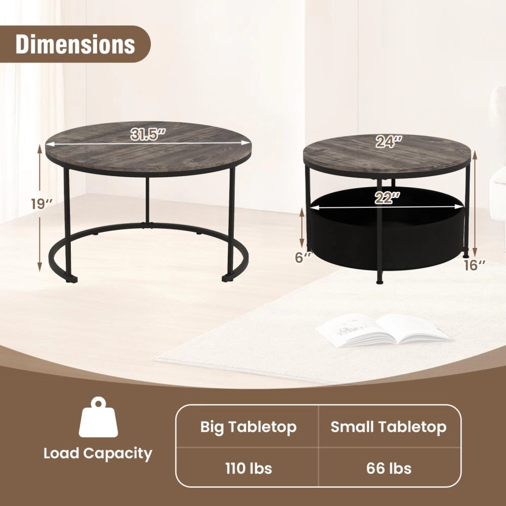 Hivvago Round Coffee Table Set Of 2 Circle Cocktail Table With Storage Basket
