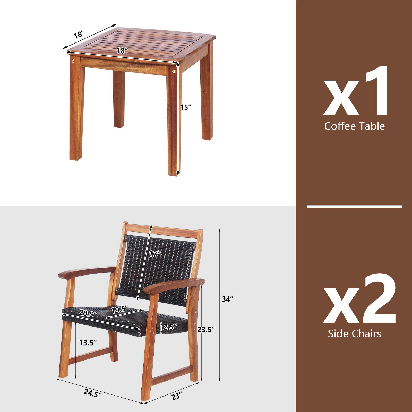 SUGIFT 3-Piece Reddish Brown Rattan Bistro Set with Acacia Wood Chairs and Side Table