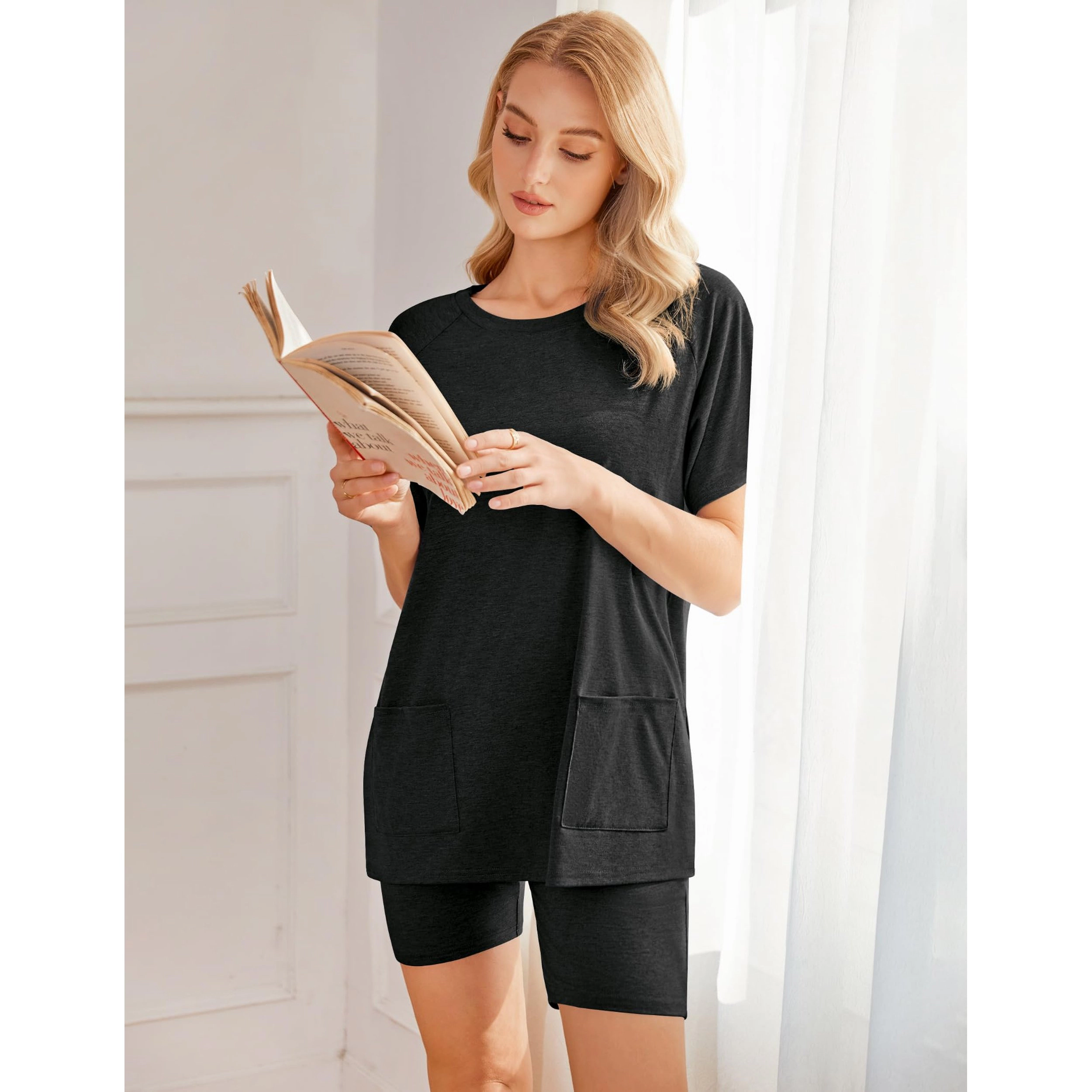 Ekouaer Women's 2-Piece Short-Sleeve Pocket Tee & Biker Shorts Lounge Outfit