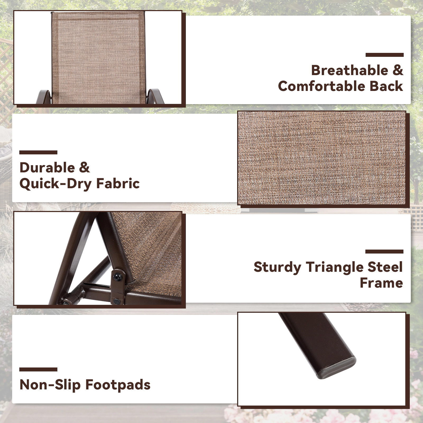 SUGIFT Set of 2 Brown Patio Dining Chairs, Breathable Fabric, Steel Frame