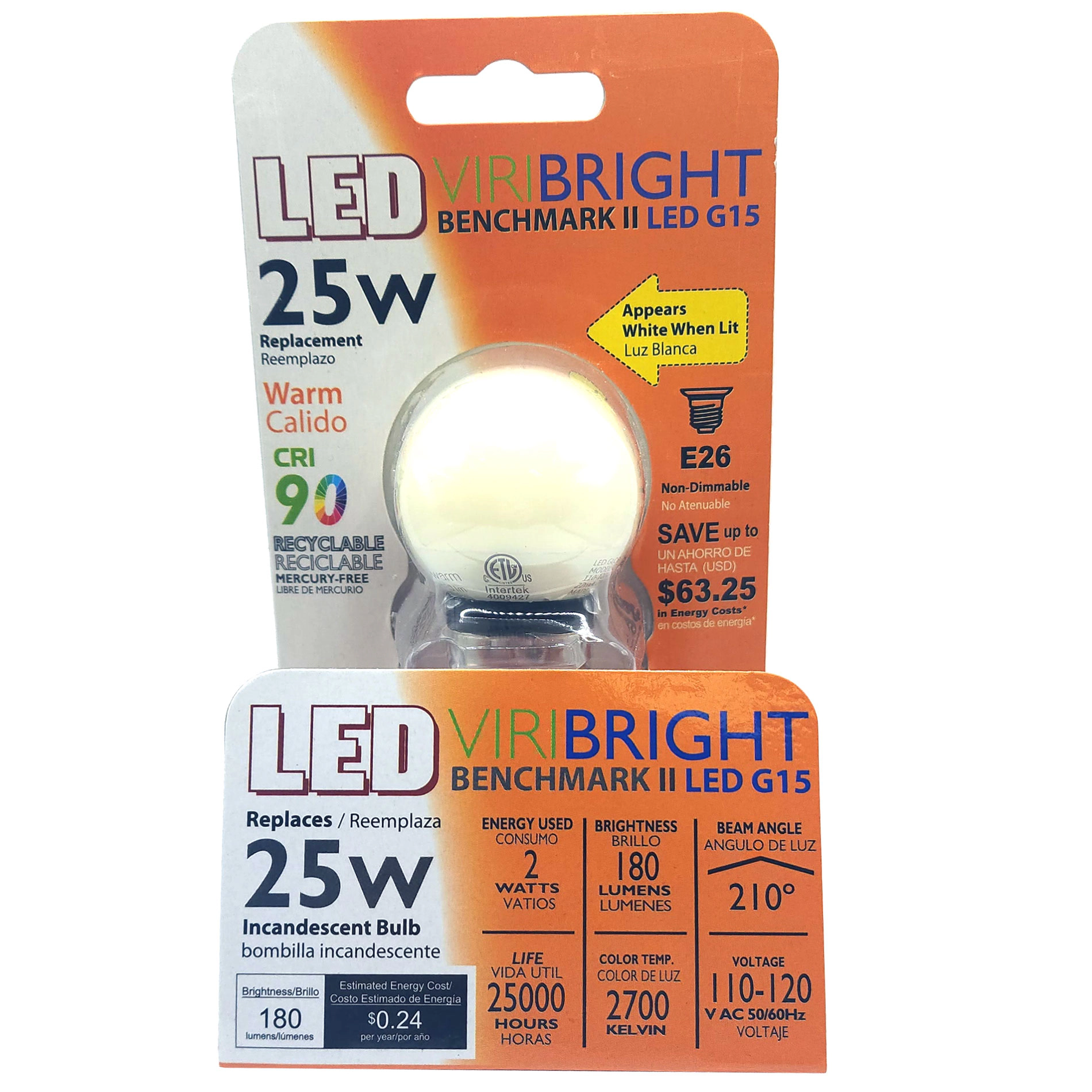 Viribright® G15 LED Bulb, E26, Screw Base, Globe 180 Lumens, 90+ CRI, Warm White 2700K (4 Pack)