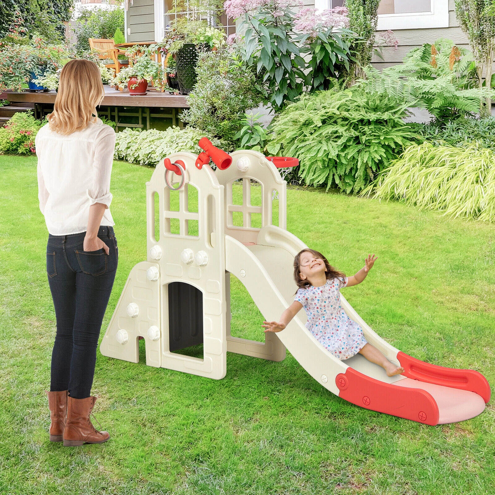 6-in-1 Large Kids Slide Climber Playset 75-in Rock Panel 2-Step Ladder Basketball Hoop 160-lb Platform Ages 3+ Pink