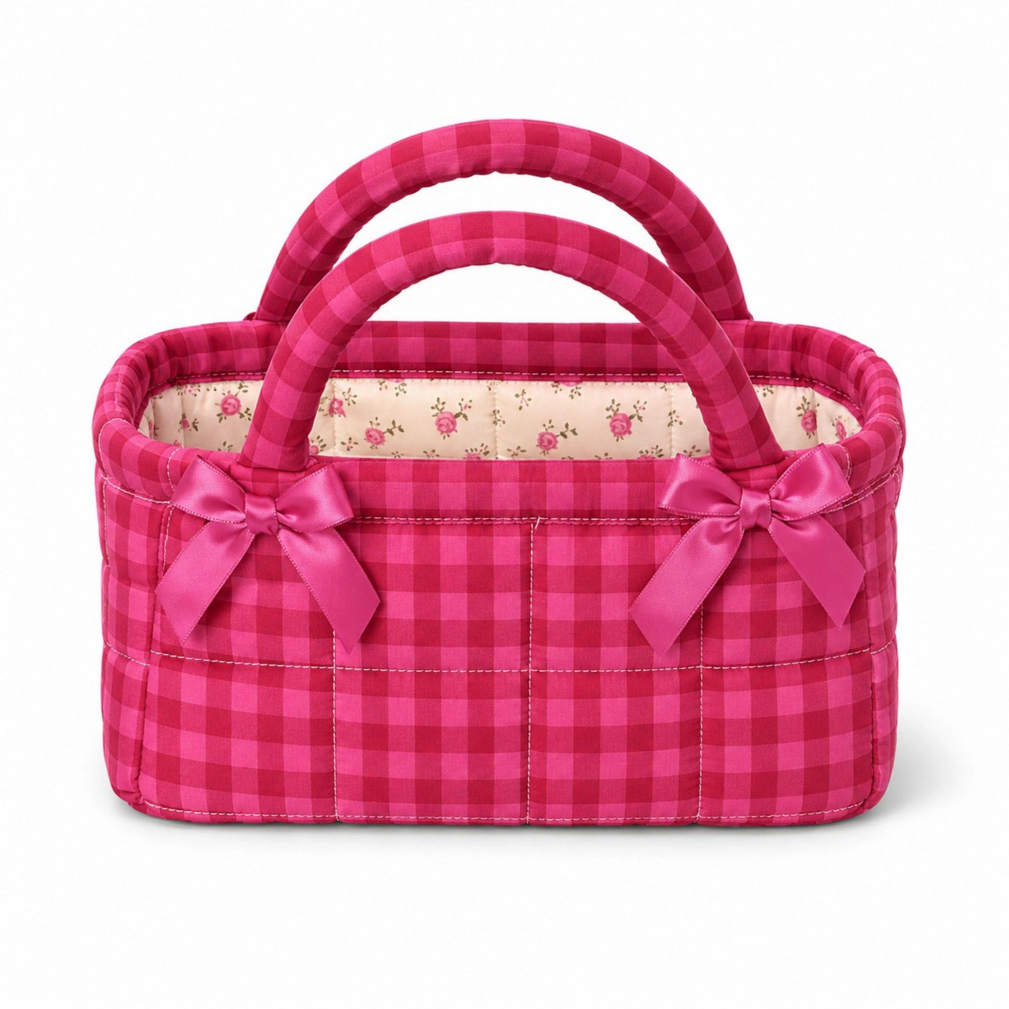 Alilang Unisex Quilted Gingham Storage Caddy with Handles Bow Accent for Makeup Vanity Dorm Bathroom Organizer