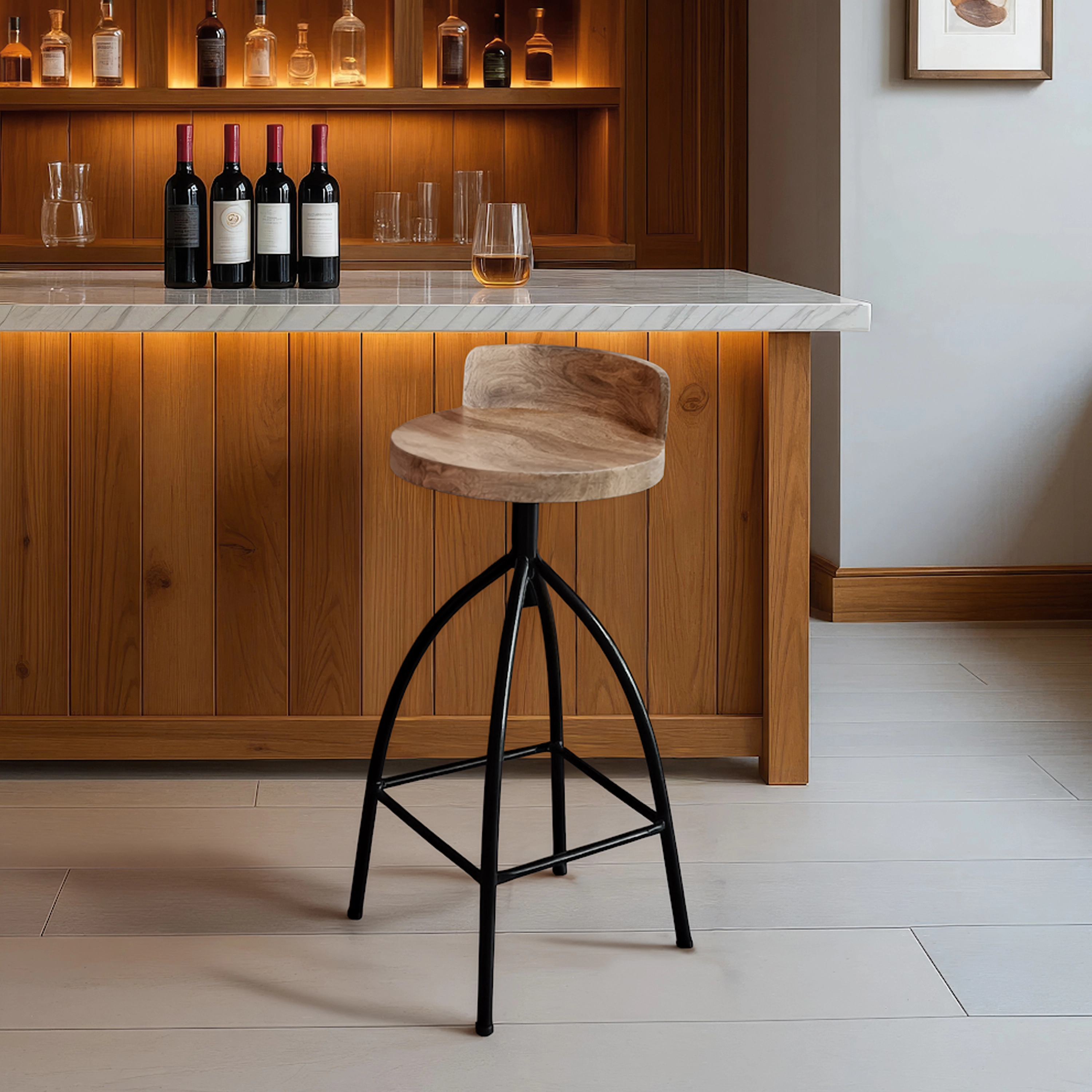 The Urban Port Pia 32-35 Extra Tall Adjustable Barstool, Natural Brown Mango Wood Seat, Black Iron Frame