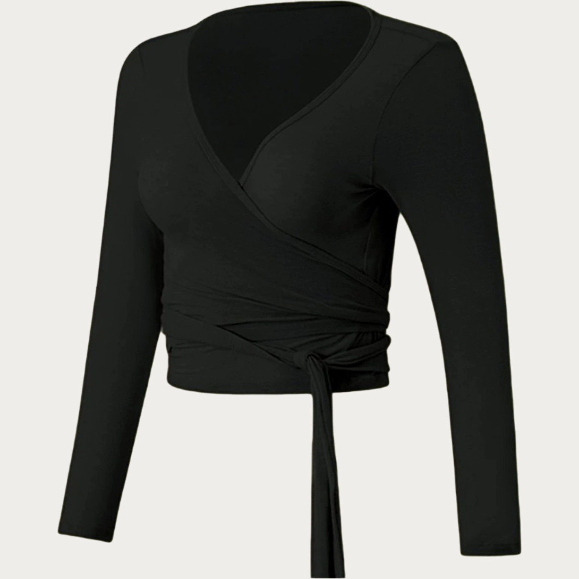 Anna-Kaci Women's Long Sleeve Wrap Front Crop Top with Tie Waist V Neck Fitted Stretch Knit Shirt