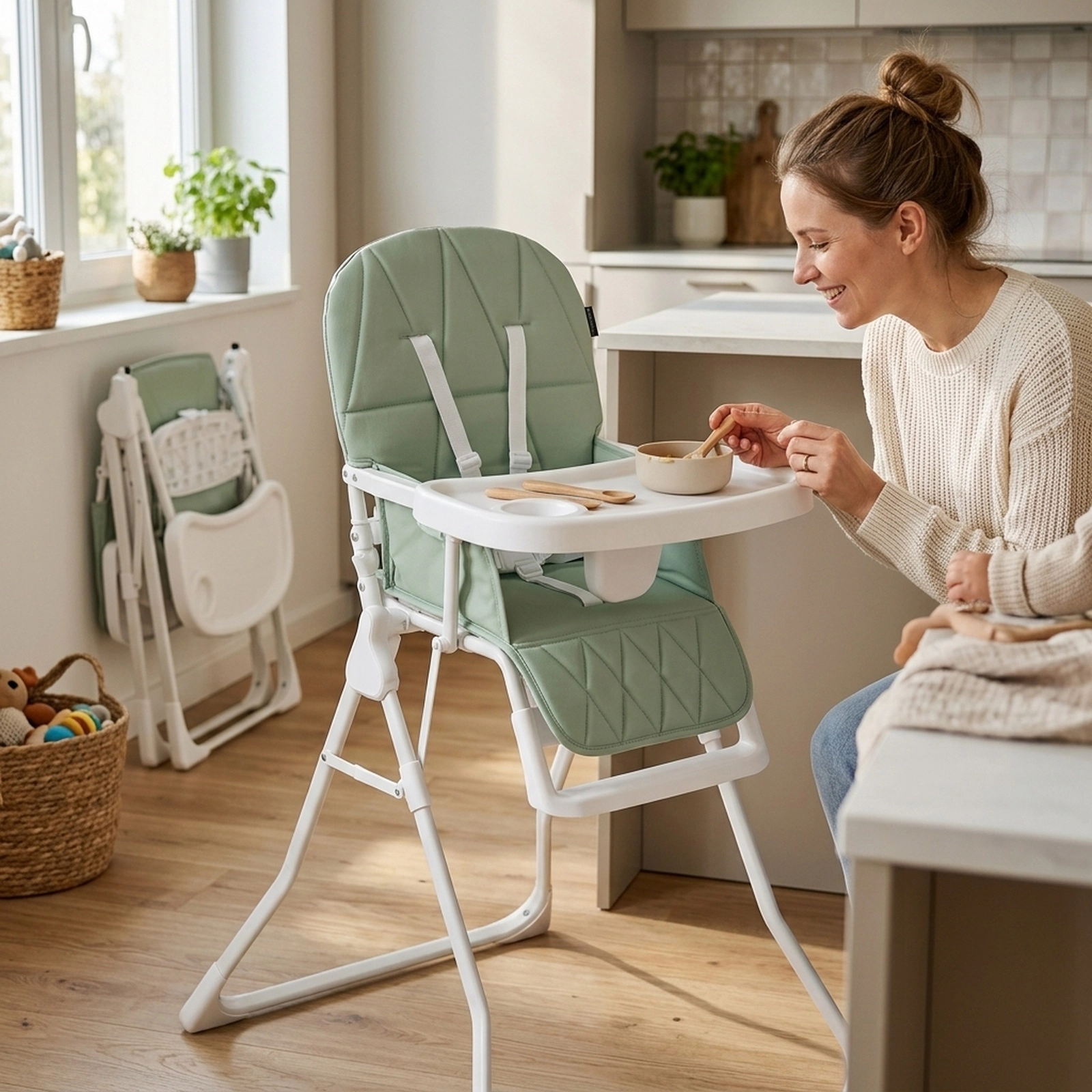 Easy-Clean Compact Folding Baby High Chair Quick-Release Tray Built-In Cup Holder 3-in Flat Fold 6 to 36 Months Green