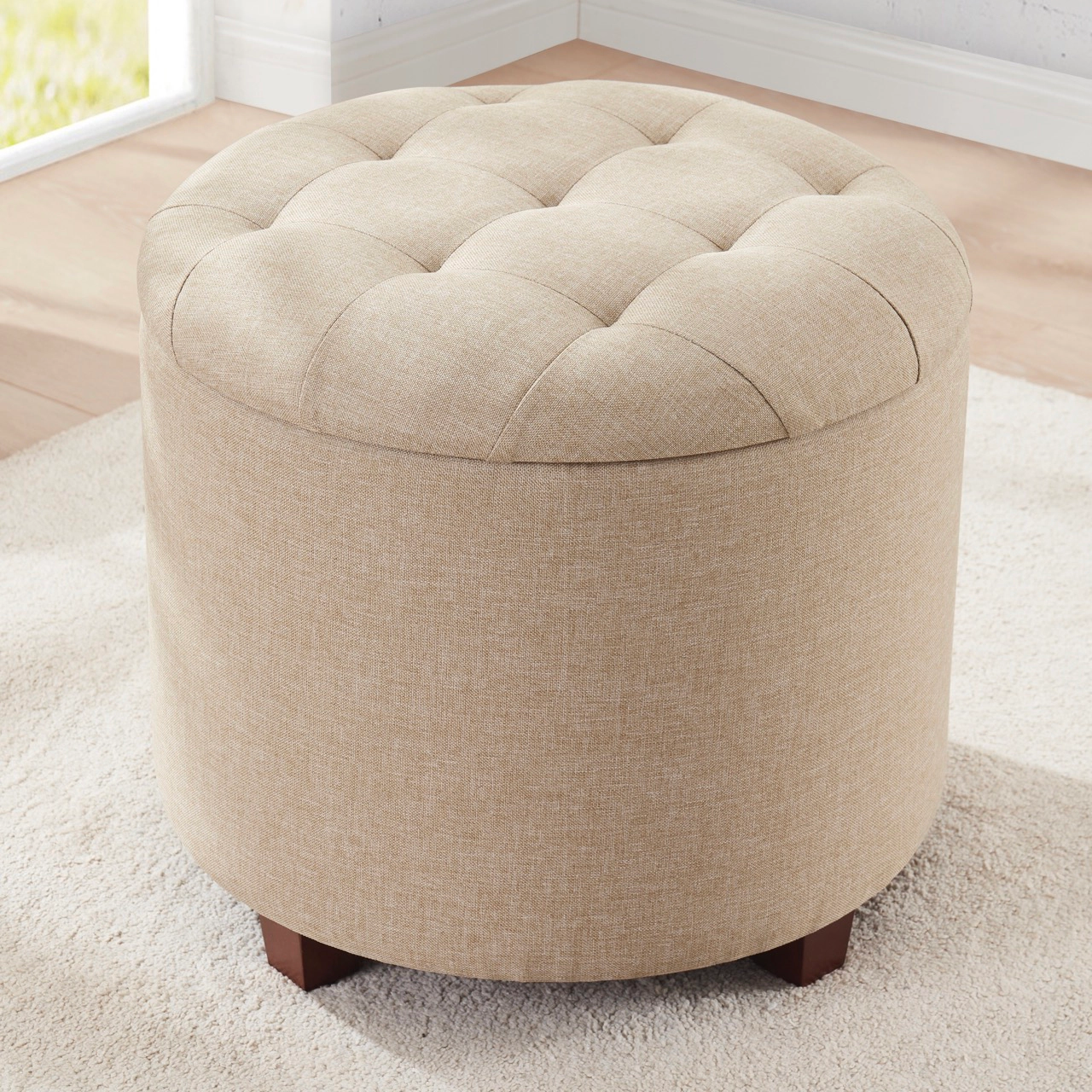 Ornavo Home Linen Upholstered Round Tufted Storage Ottoman with Wooden Legs
