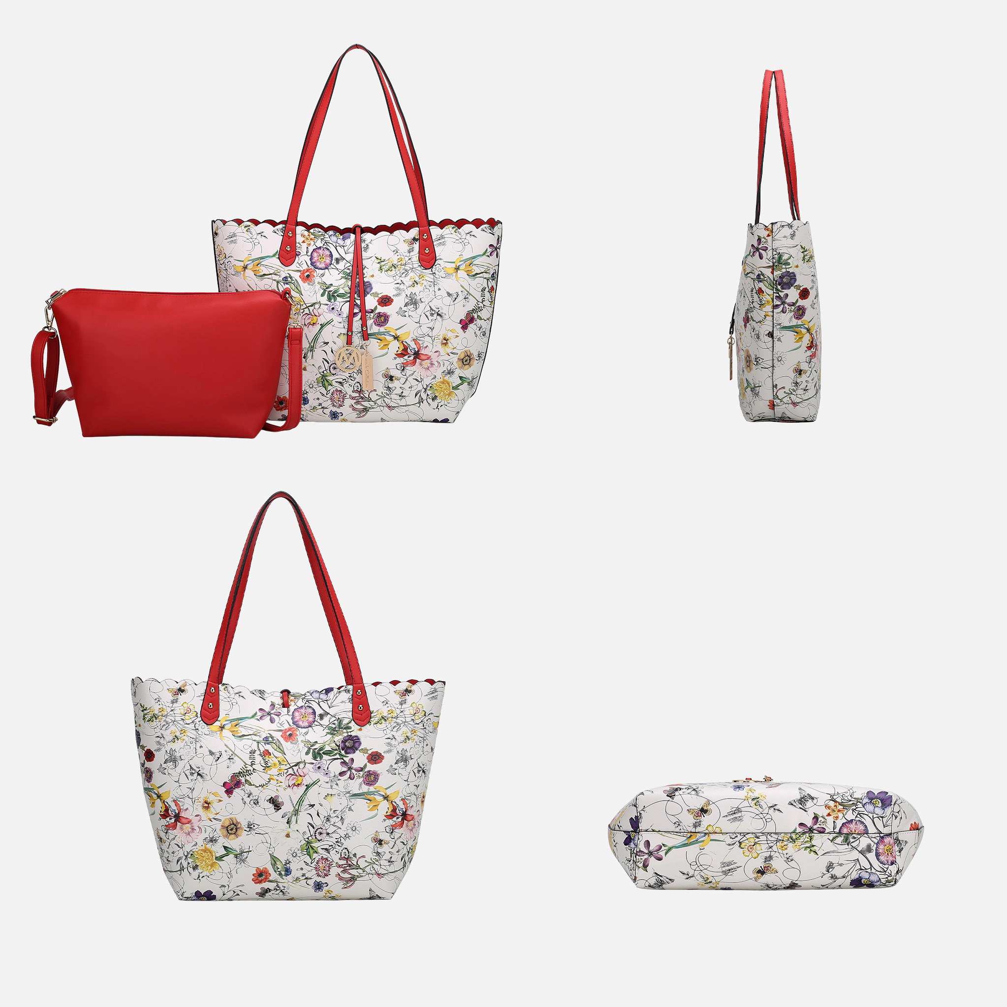 Mia K Collection Danielle Reversible Shopper Tote Bag - Vegan Leather, Flower Print, Removable Crossbody Pouch