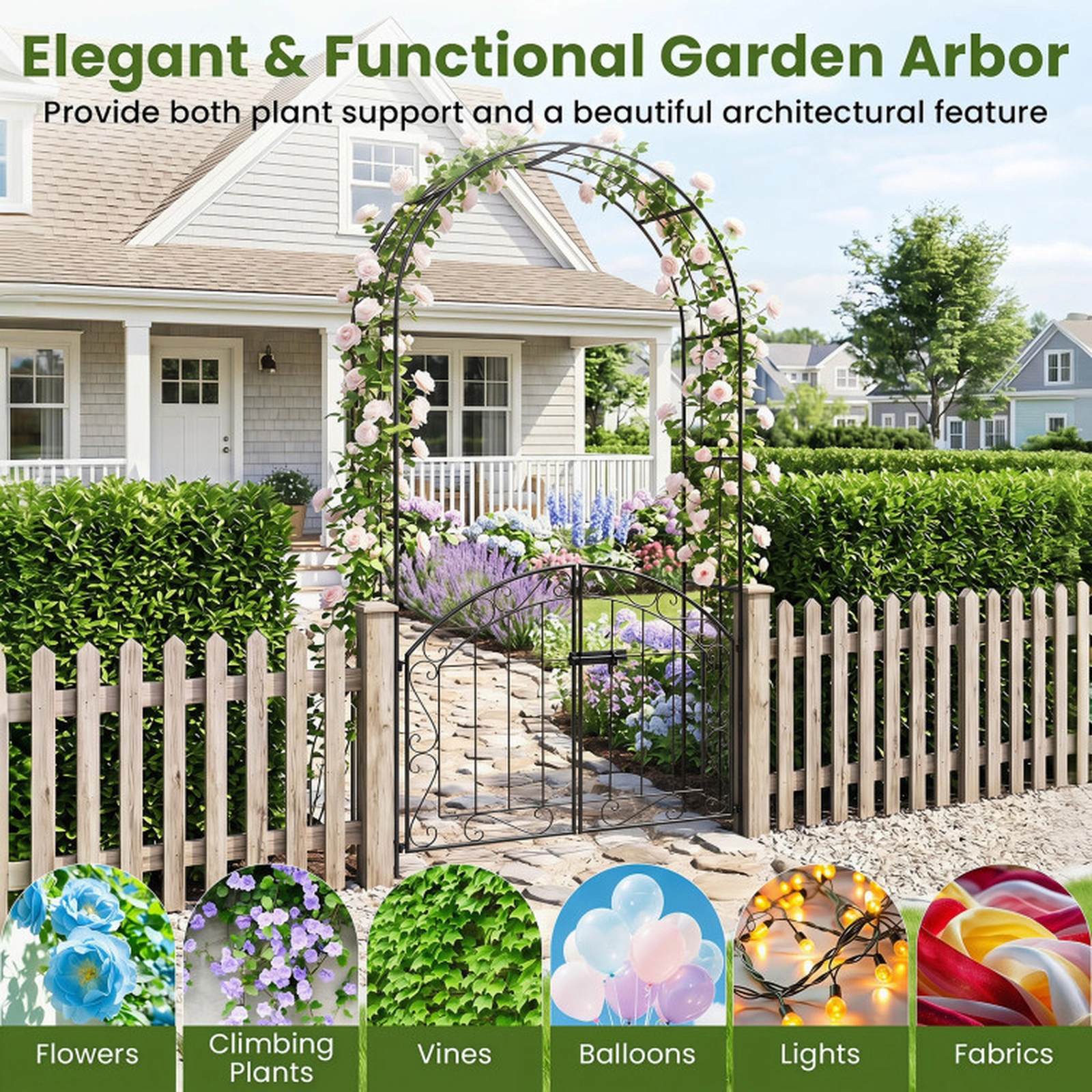 SUGIFT Heavy-Duty Garden Arch with Lockable Gate and Trellis 79-in Tall for Climbing Roses and Vines Black/Bronze