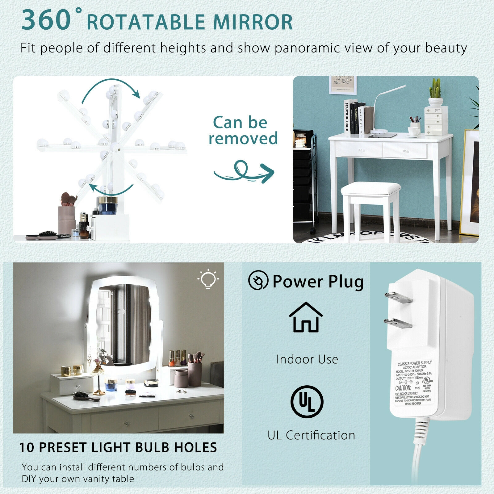 SUGIFT Makeup Vanity Set with 10 Dimmable Bulbs, Rotating Mirror, 4 Drawers and Stool
