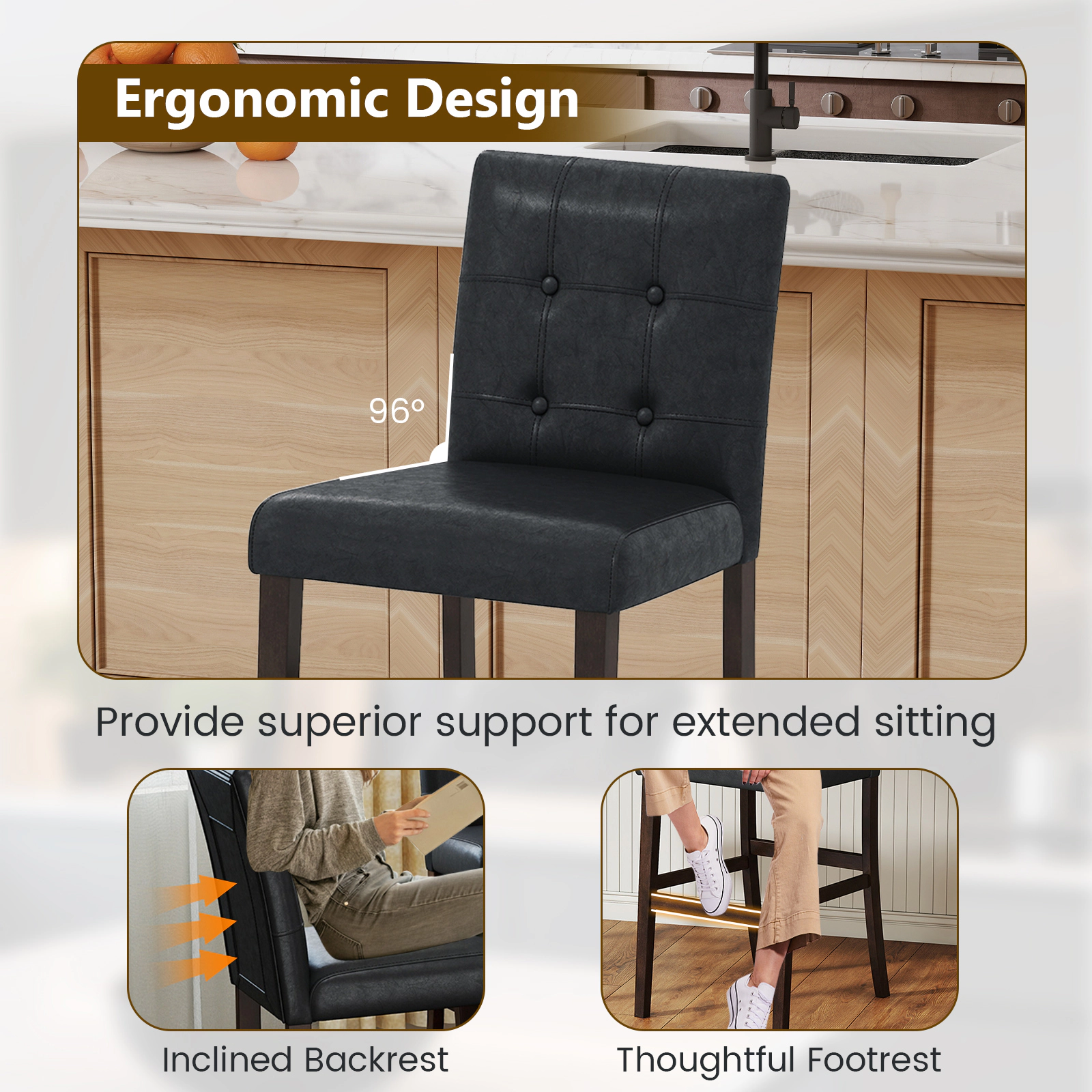 SUGIFT Set of 2 PVC Leather Bar Stools with Solid Wood Legs 243-lb Capacity Black